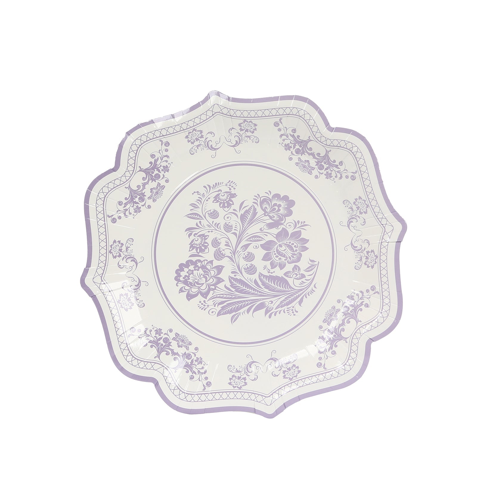 25-Piece Set of White and Lavender Lilac Damask Floral Disposable Paper Dinner Plates, 10-Inch