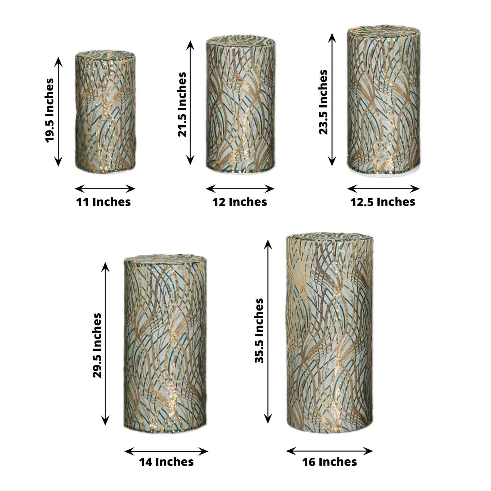 Hot Deal! Set of 5 Emerald Green Wave Sequin Mesh Cylinder Pedestal Stand Covers