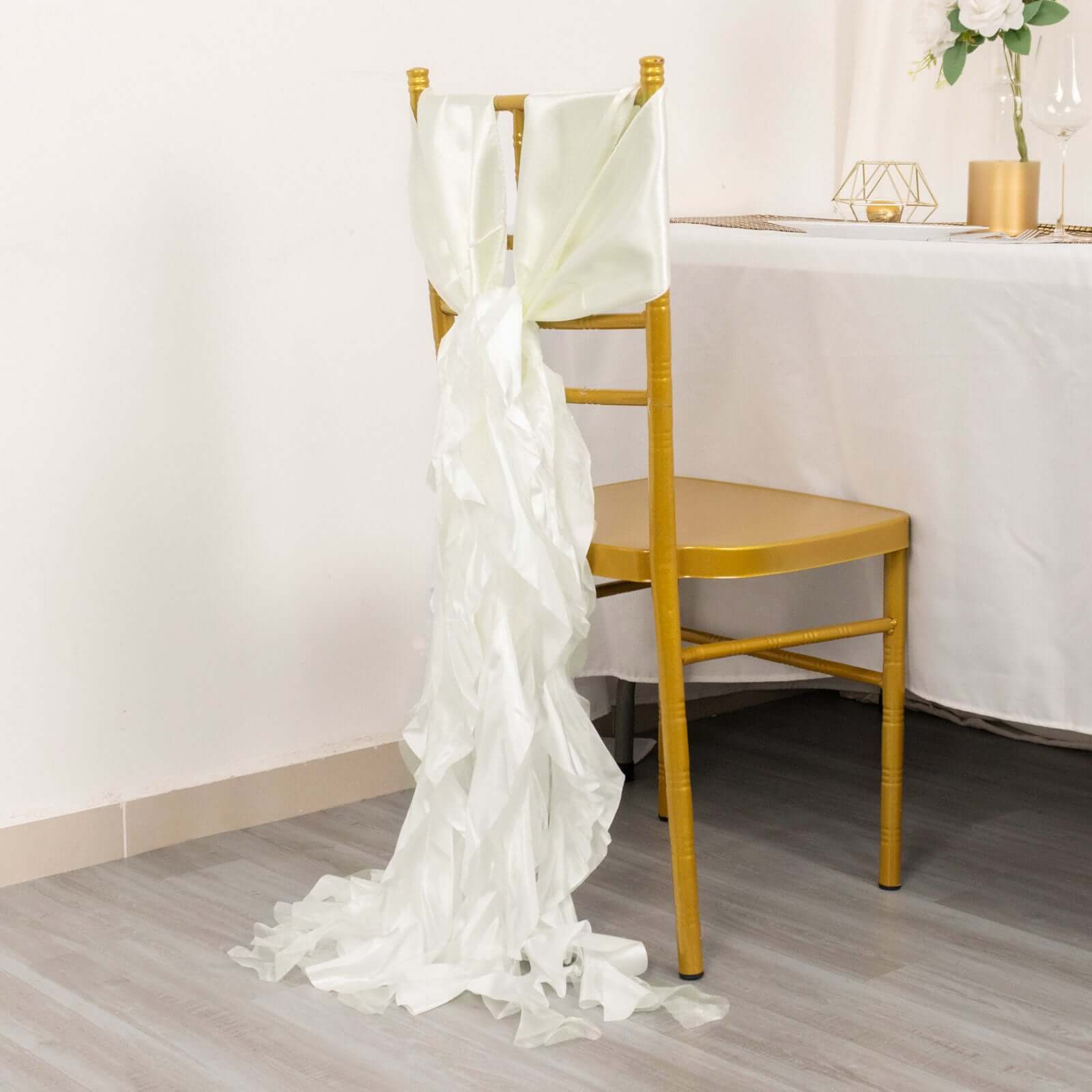 5-Pack Ivory Chiffon Satin Chair Sashes with Curly Willow Style - Easy Installation