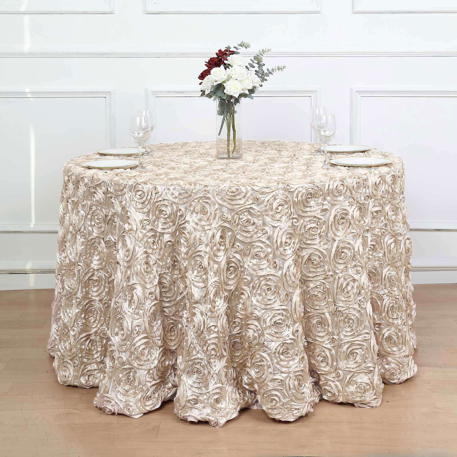 Beige High - Quality Satin 120 - inch Round Tablecloth with 3D Rosette Design