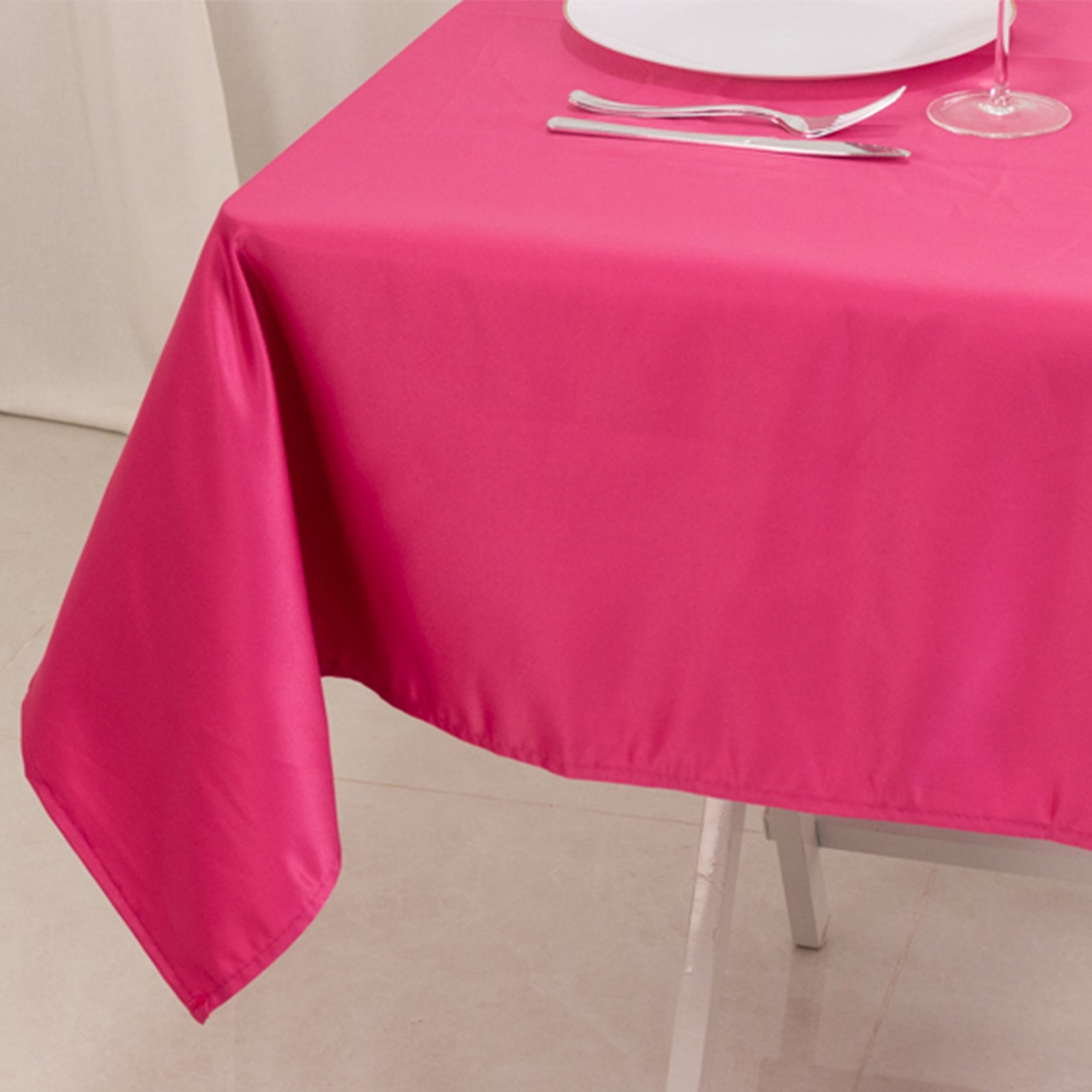 Fuchsia 54x54 Lamour Satin Square Table Overlay - Durable Silk-Like Table Cover