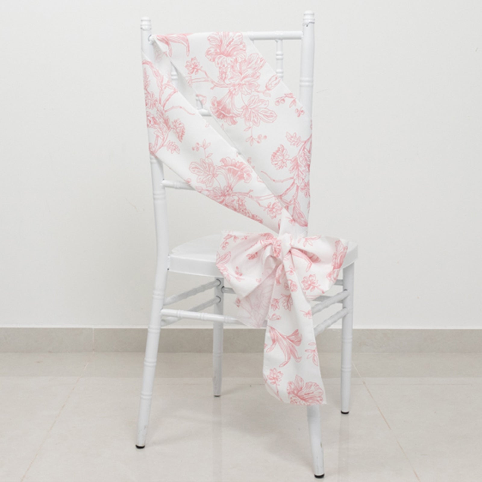 Hot Sale! Wrinkle-Resistant & Durable Polyester Chair Sashes in White/Pink French Toile Floral Design, 6x108