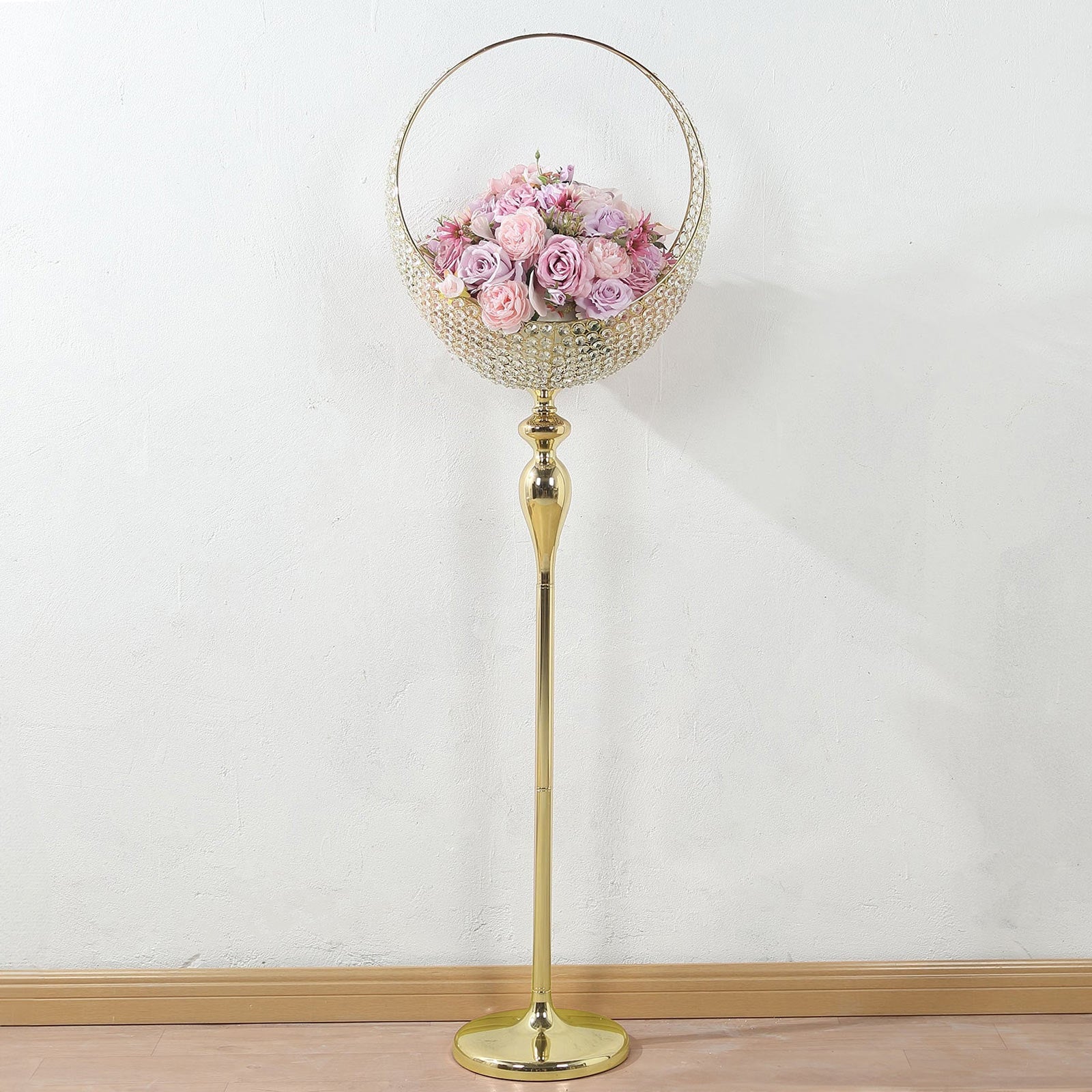 Promo! 4.5ft Tall Gold Metal Crystal Beaded Candle Holder Stand, Half Moon Basket Design for Wedding Centerpiece