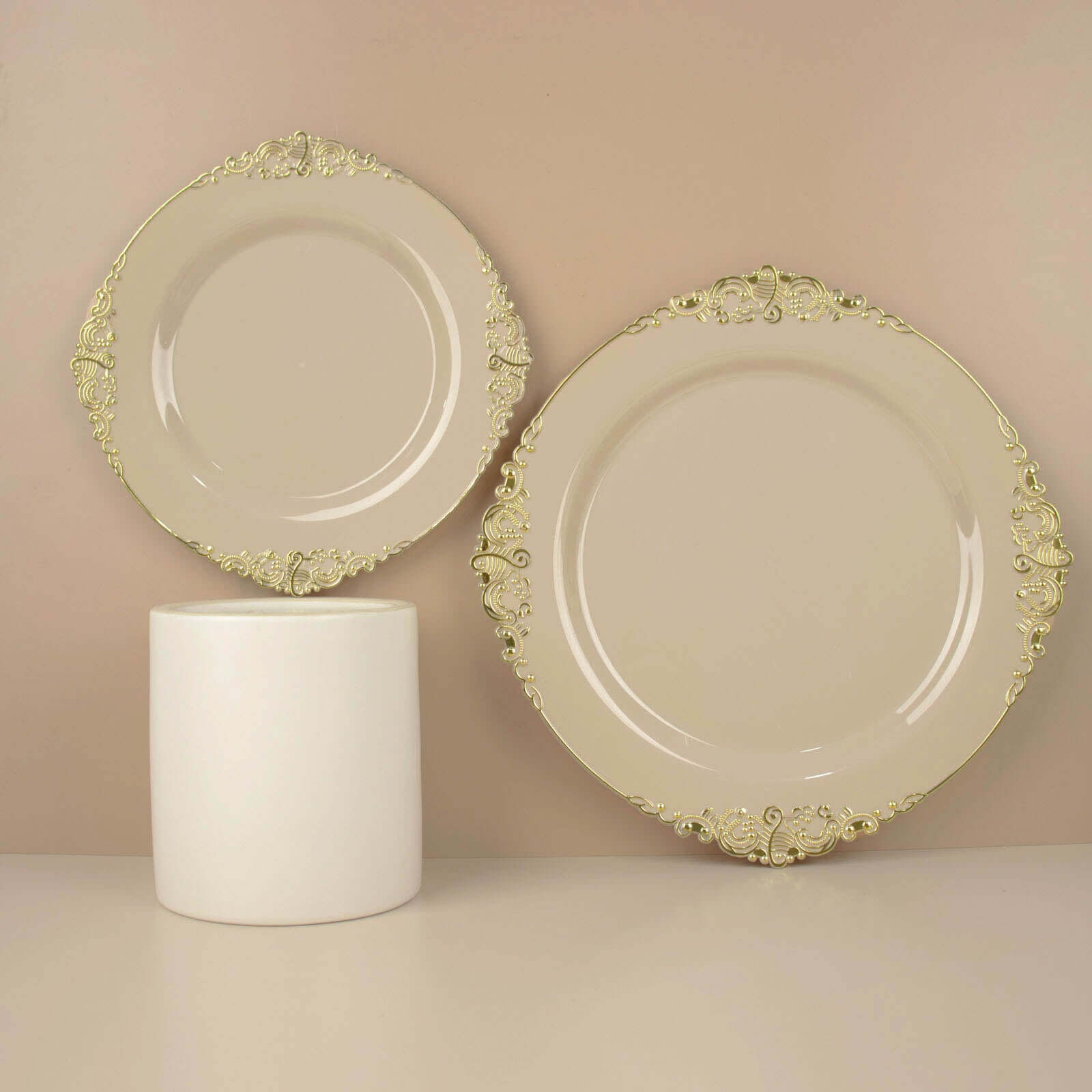 10-Pack Disposable Taupe Plastic Round Dessert Plates with Gold Leaf Embossed Rim - Vintage Baroque Style