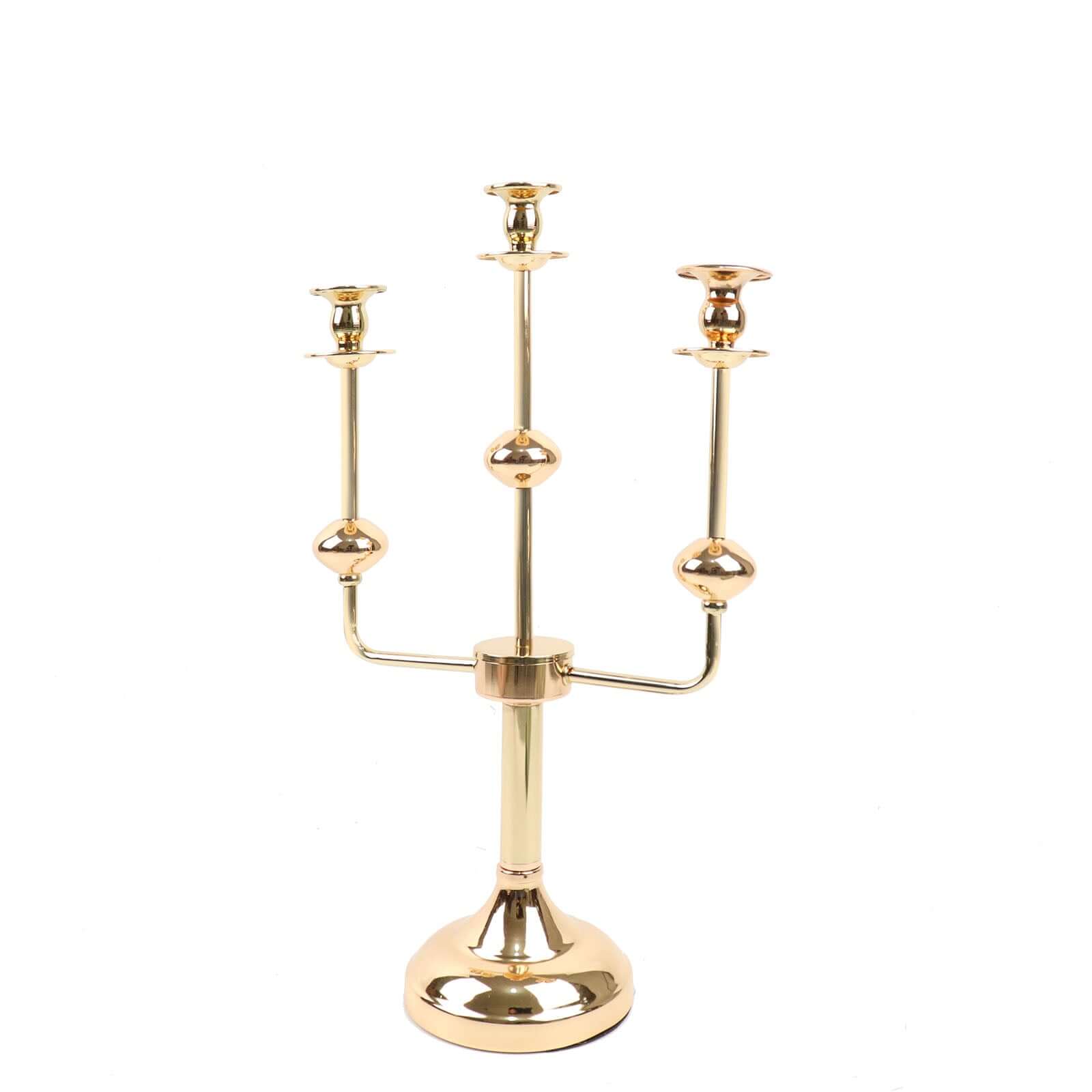 Gold Metal 3-Arm Taper Candelabra Candle Holder Stand - Ideal Wedding Centerpiece