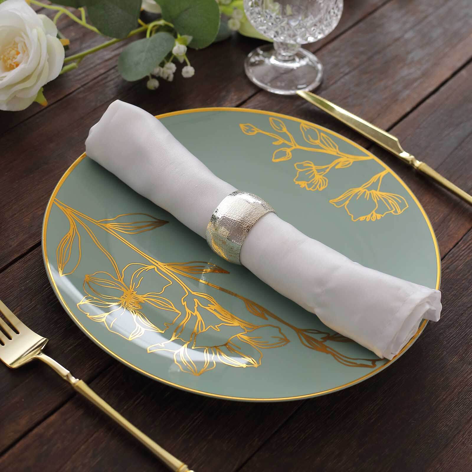 20-Piece Set of Disposable Plastic Dinner and Dessert Plates in Dusty Sage Green with Gold Floral Design