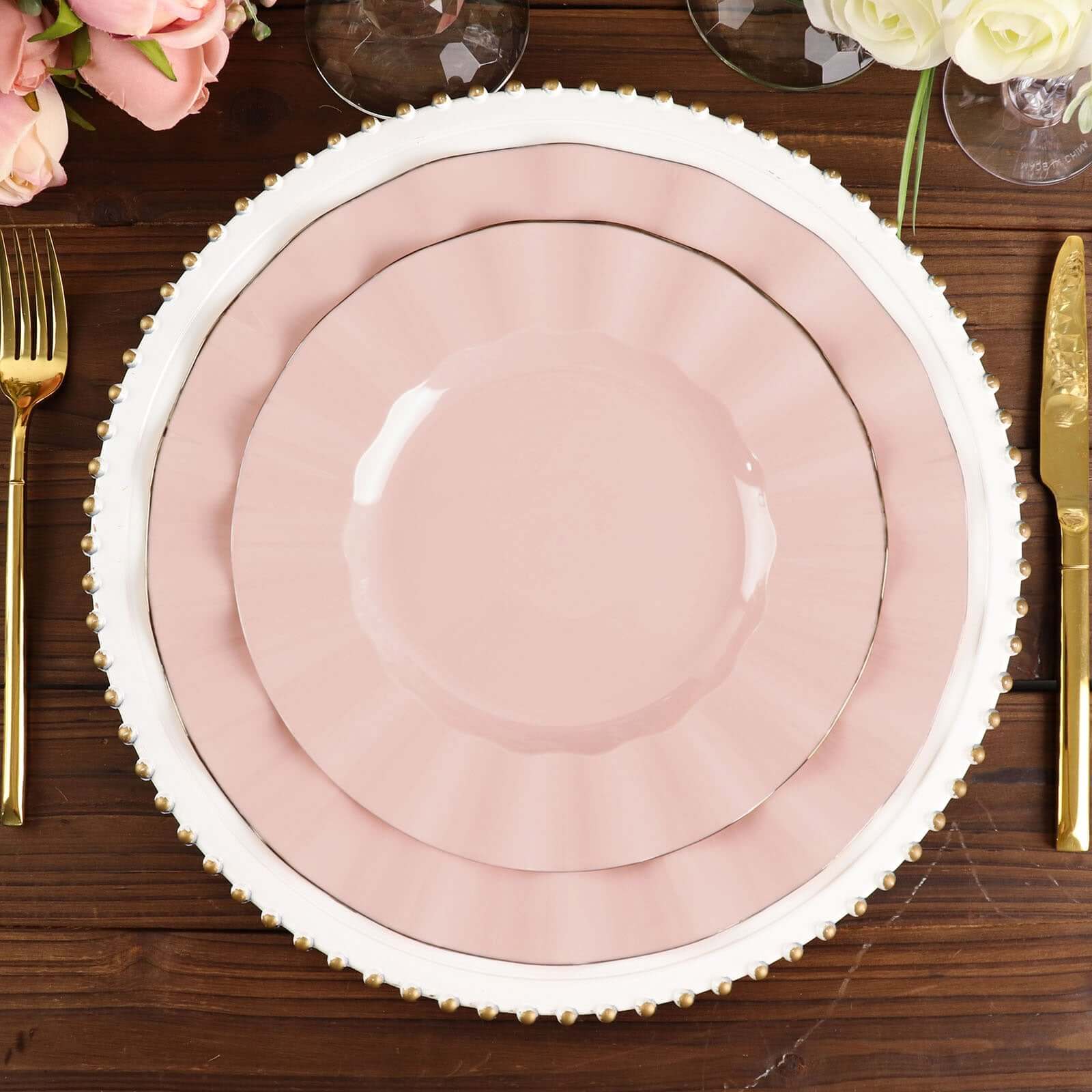 10-Piece Set of Sturdy Blush Plastic Round Dinner Plates with Gold Ruffled Edging