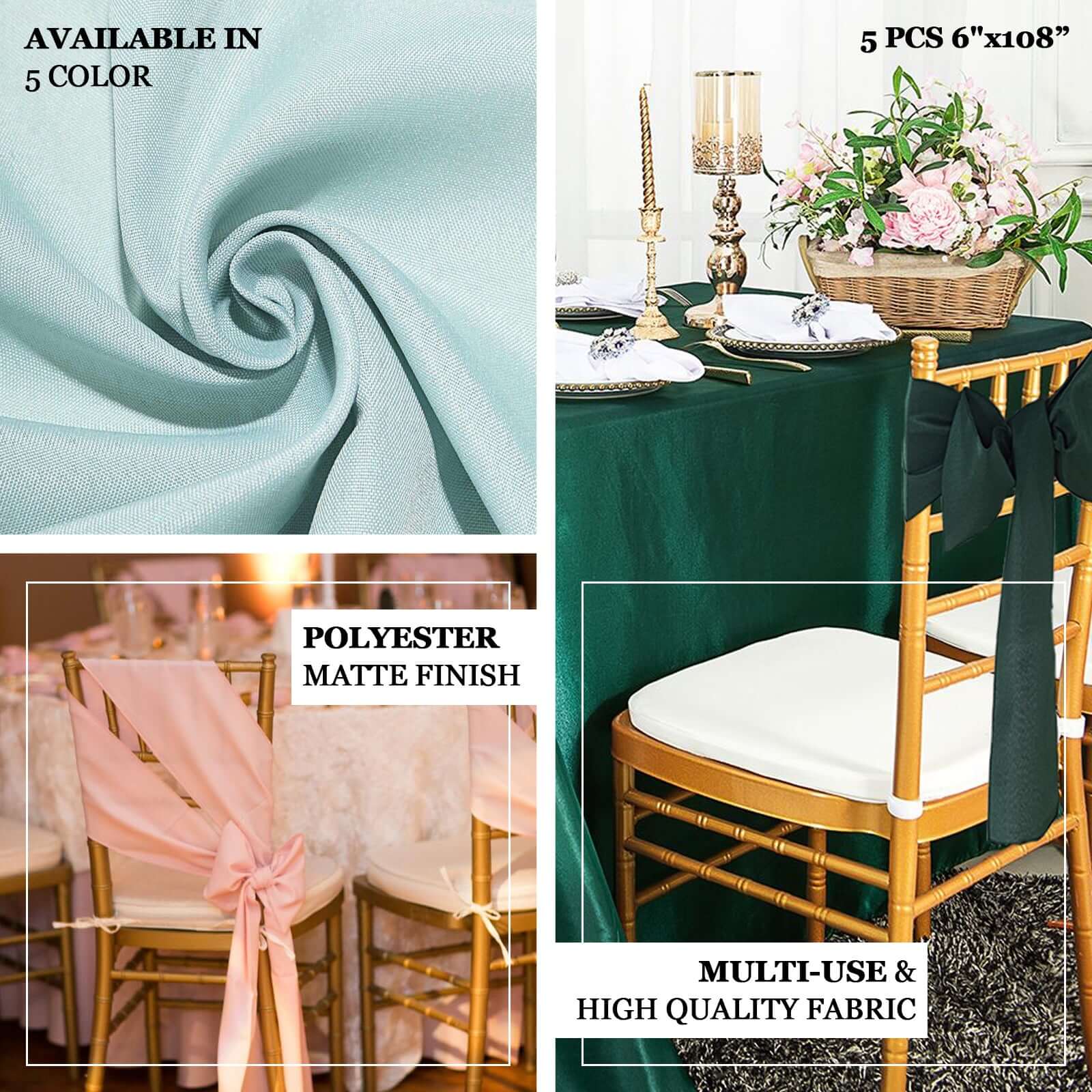 5-Piece Dusty Blue Polyester Chair Sashes, 6x108 Inches