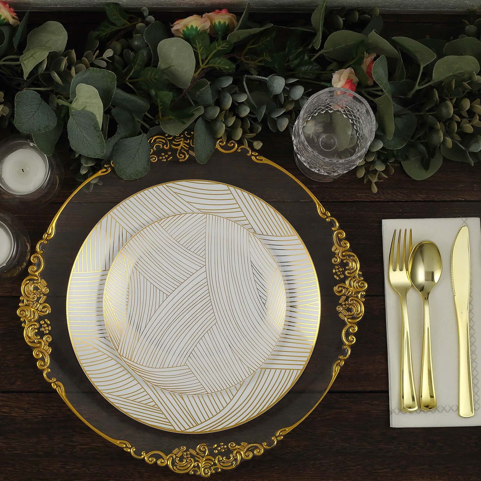 10-Pack Disposable White Plastic Round Dessert Plates with Gold Wave Pattern
