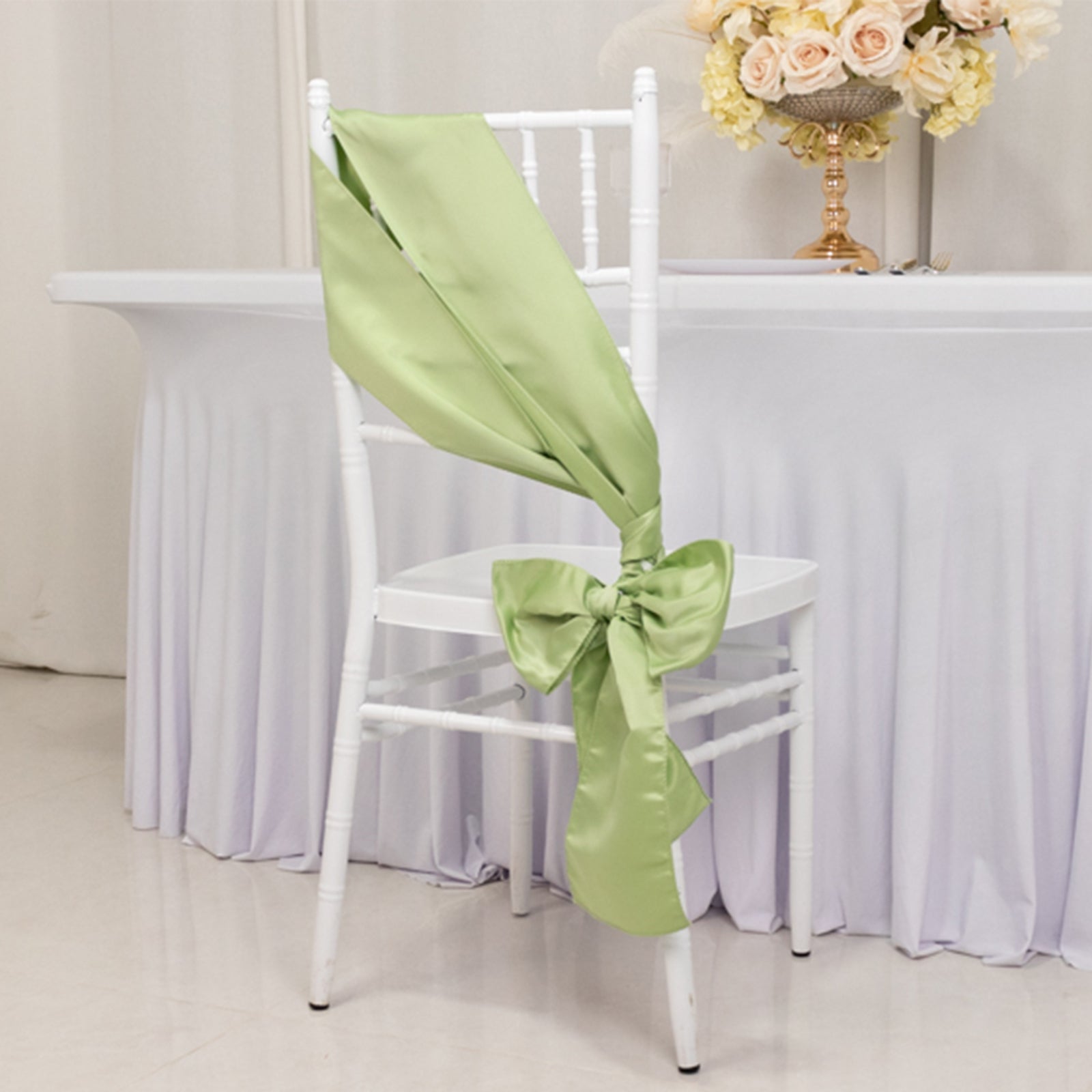 5-Piece Set of Lamour Satin 6x106 Sage Green Chair Sashes - Reusable Decorative Bows