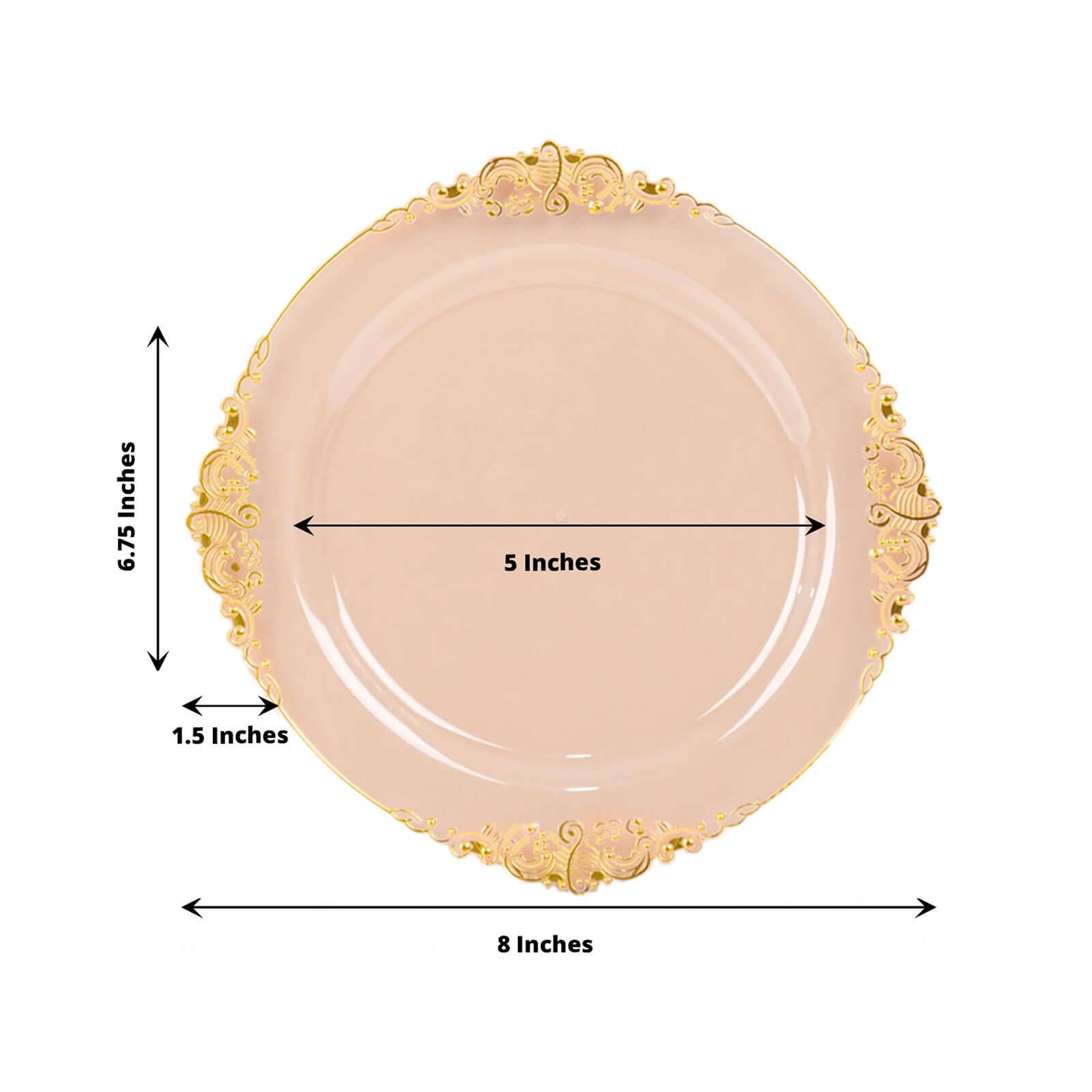 10-Pack Disposable 8" Transparent Blush Plastic Dessert Plates with Gold Leaf Embossed Rim - Vintage Baroque Style