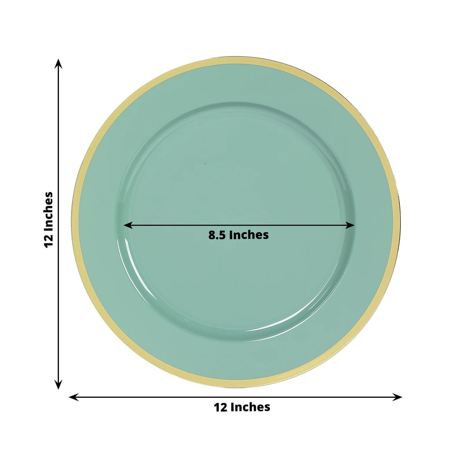 Economy 10-Pack 12-Inch Round Dusty Sage Green Plastic Charger Plates with Wide Gold Rim for Party Serving