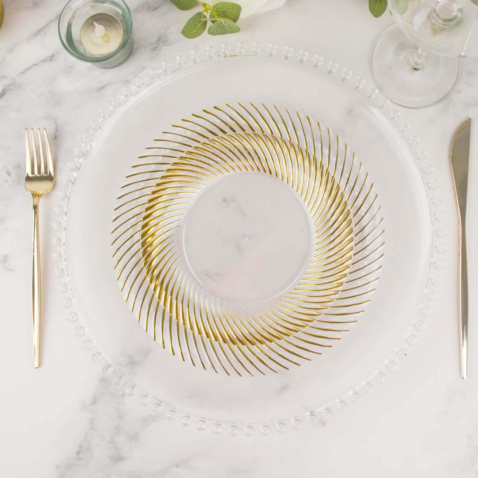 10-Pack Clear Plastic Round Dinner Plates with Gold Swirl Rim - Ideal Disposable Plates for Elegant Parties