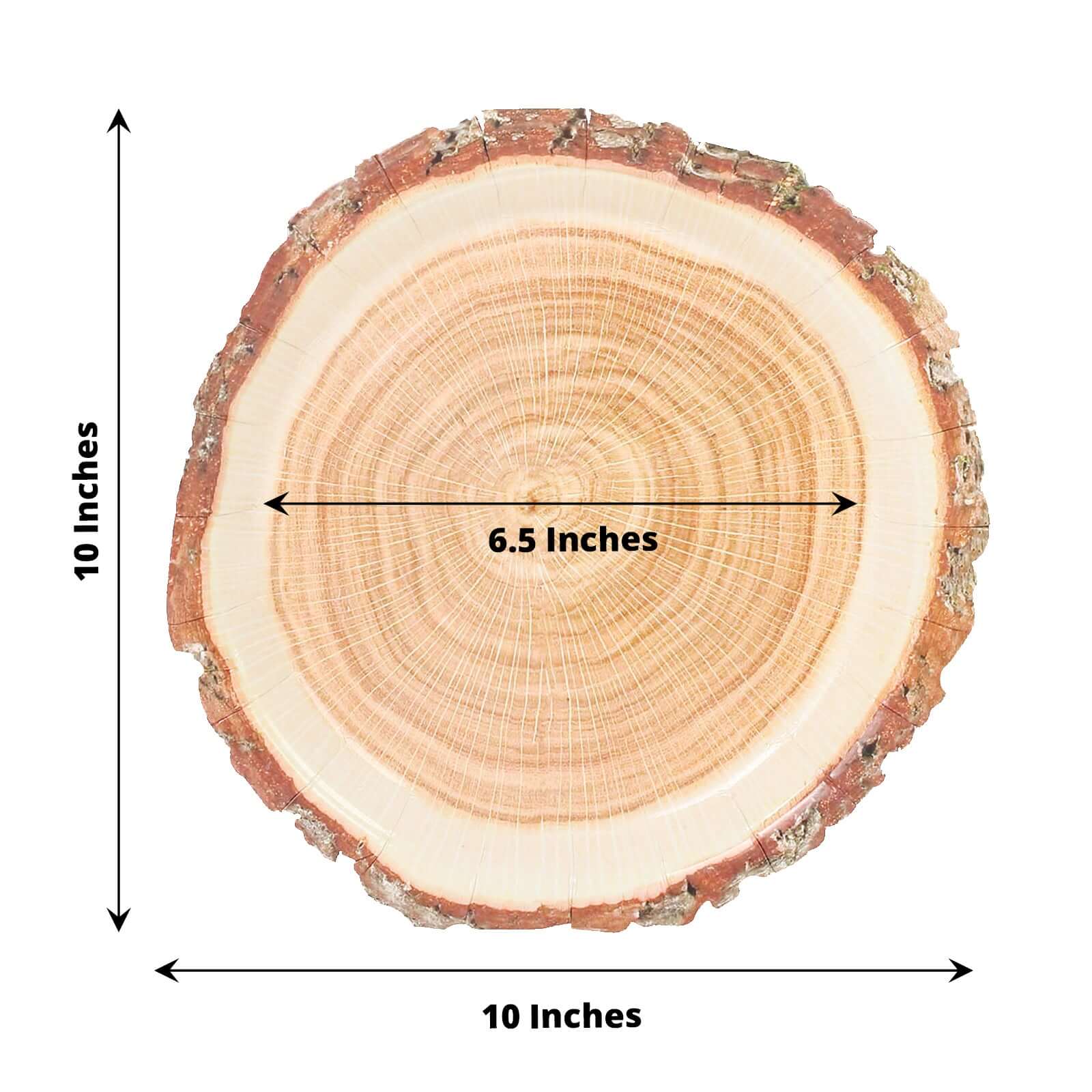 Get 25-Piece Set of Disposable Round Dinner Paper Plates with Rustic Natural Wood Slice Print
