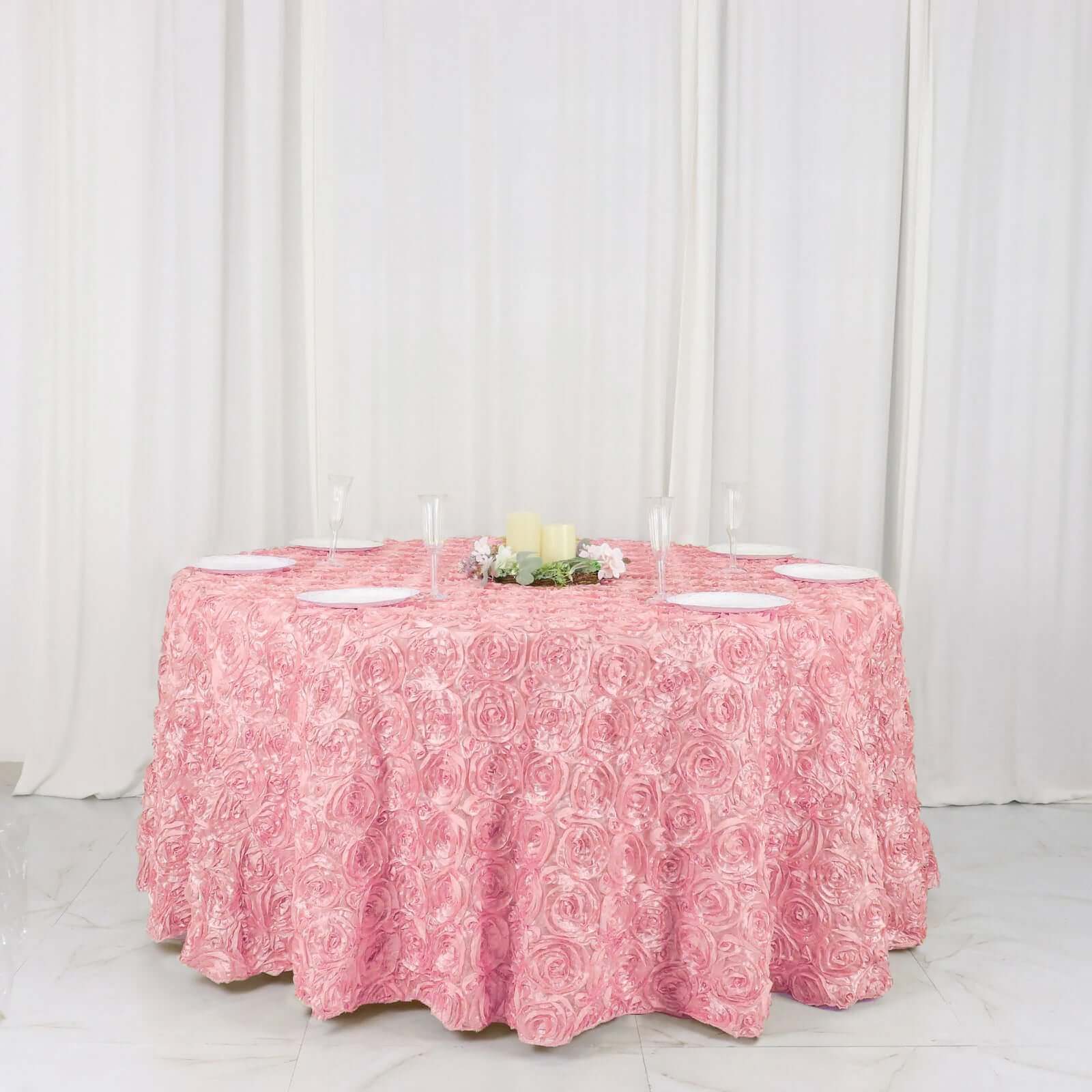 Hot Sale! 120-Inch Pink Satin Round Tablecloth with Stunning 3D Rosette and Seamless Finish