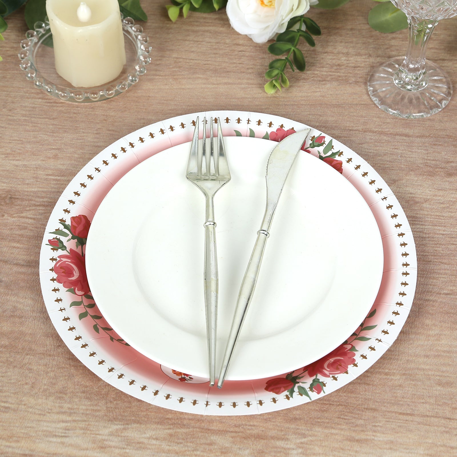 25-Pack 9-Inch Dusty Rose Vintage Rose Print Disposable Paper Dinner Plates - High Quality!