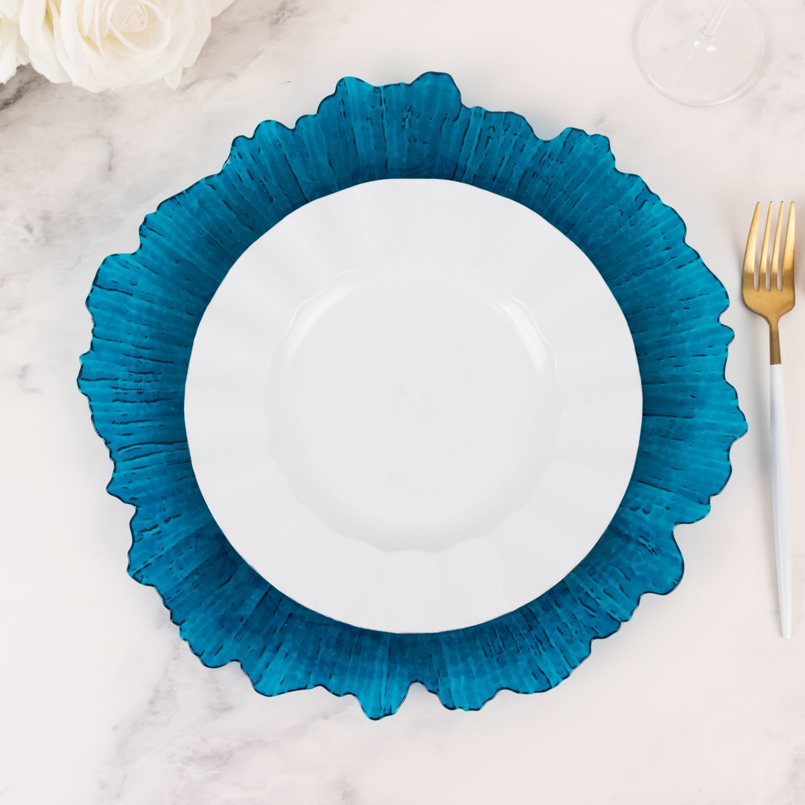 Hot Sale! 6-Pack 13-Inch Transparent Navy Blue Round Acrylic Plastic Dinner Charger Plates with Reef Design