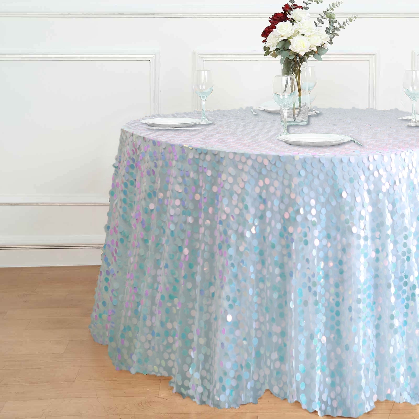 120-Inch Seamless Iridescent Blue Round Sequin Tablecloth for Big Payette Tables