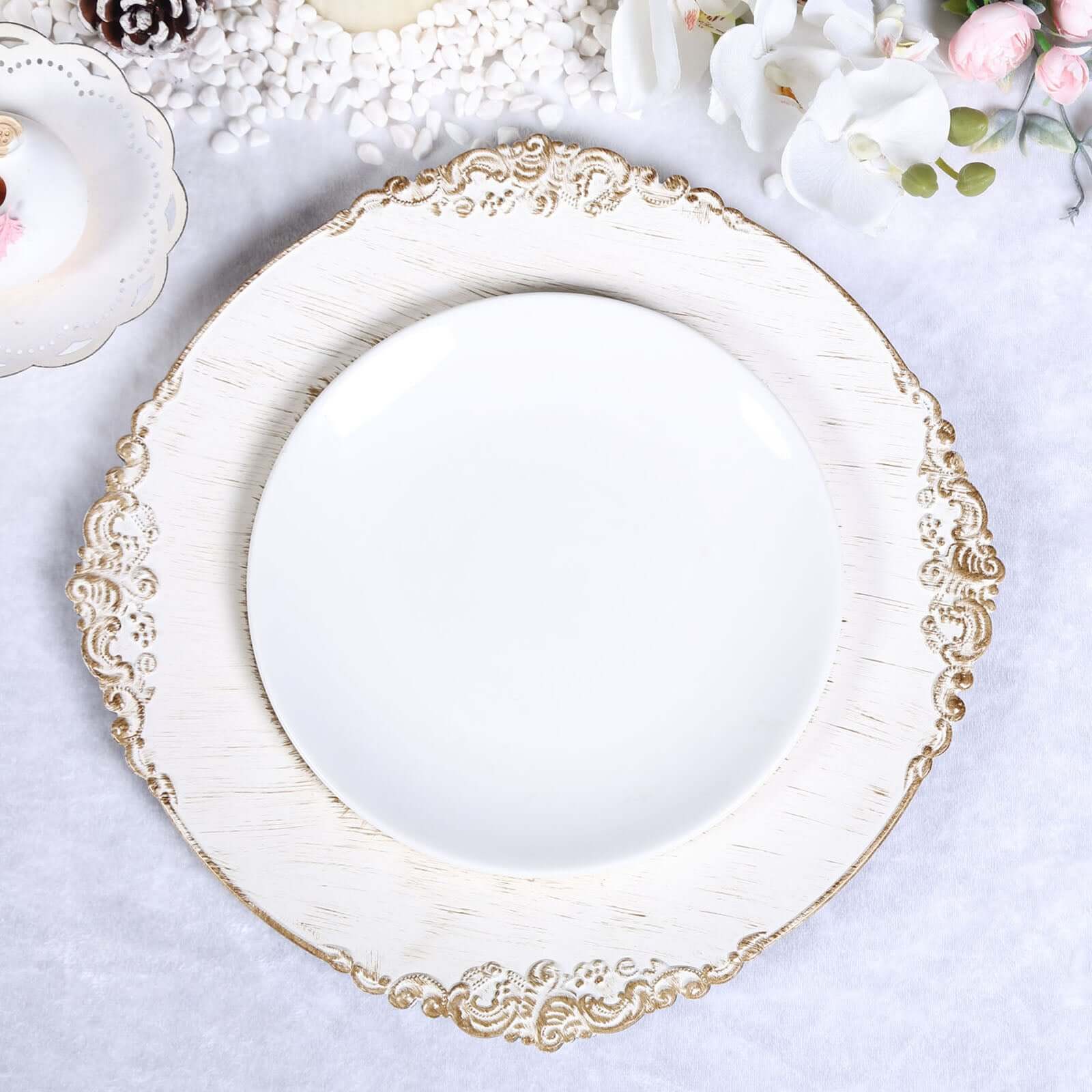 6-Piece Set of 13-Inch White Washed Acrylic Round Charger Plates with Gold Embossed Baroque Rim for Dinner Parties
