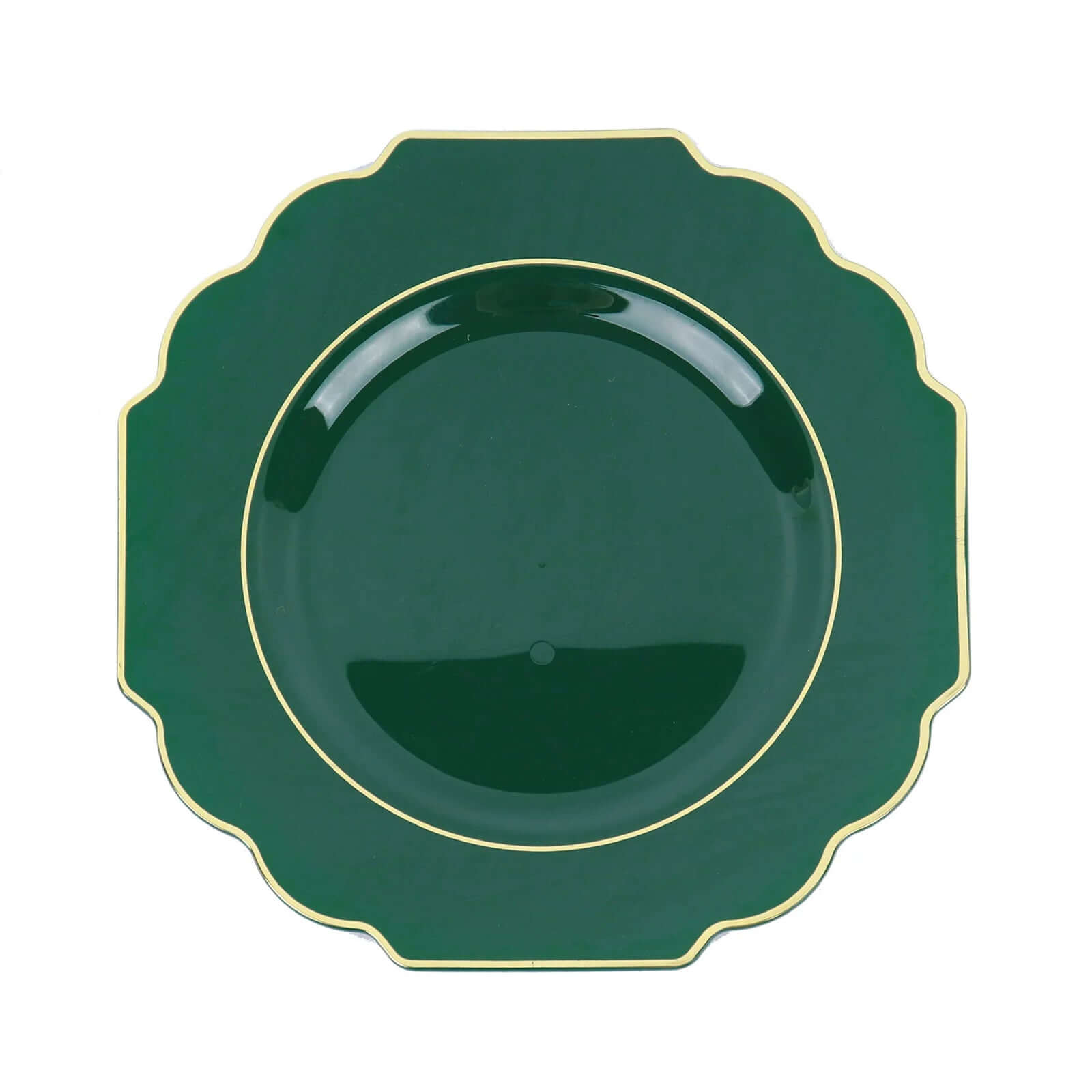 10-Pack Heavy-Duty Disposable Hunter Emerald Green Baroque Dinner Plates with Scalloped Gold Rim