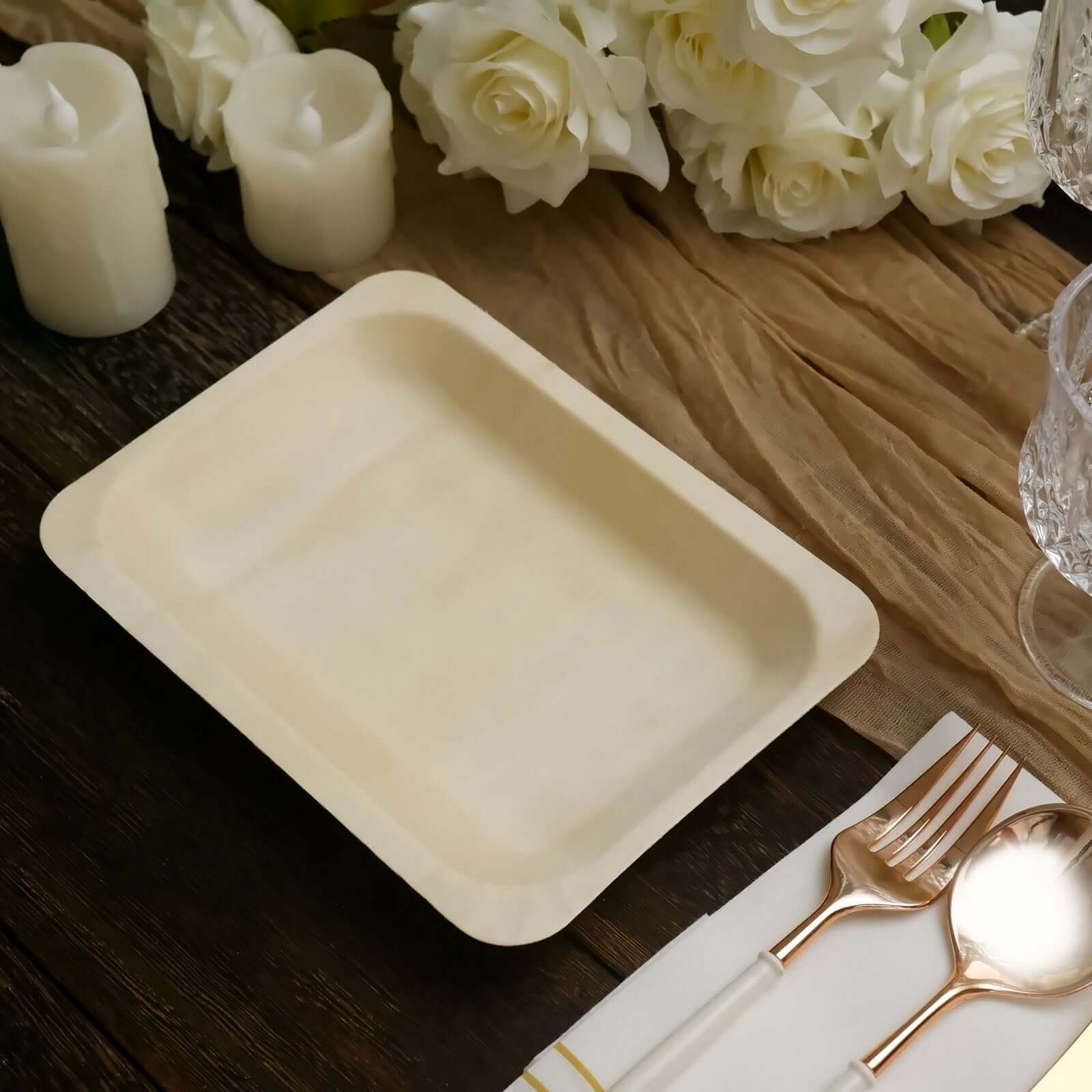 25-Pack Natural Birchwood 5x8 Rectangle Disposable Dessert Plates - Ideal for Special Events
