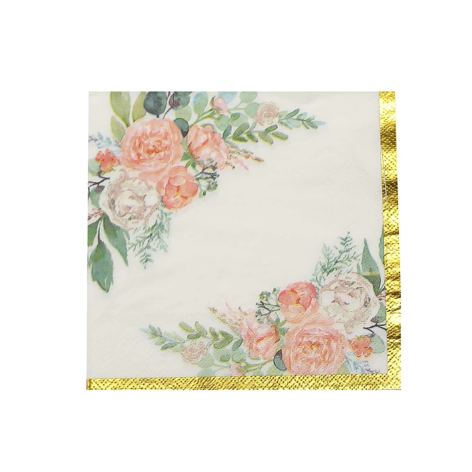 20-Pack 18GSM 2-Ply Pink Peony Floral Gold Trimmed White Paper Cocktail Napkins for Weddings - Hot Sale