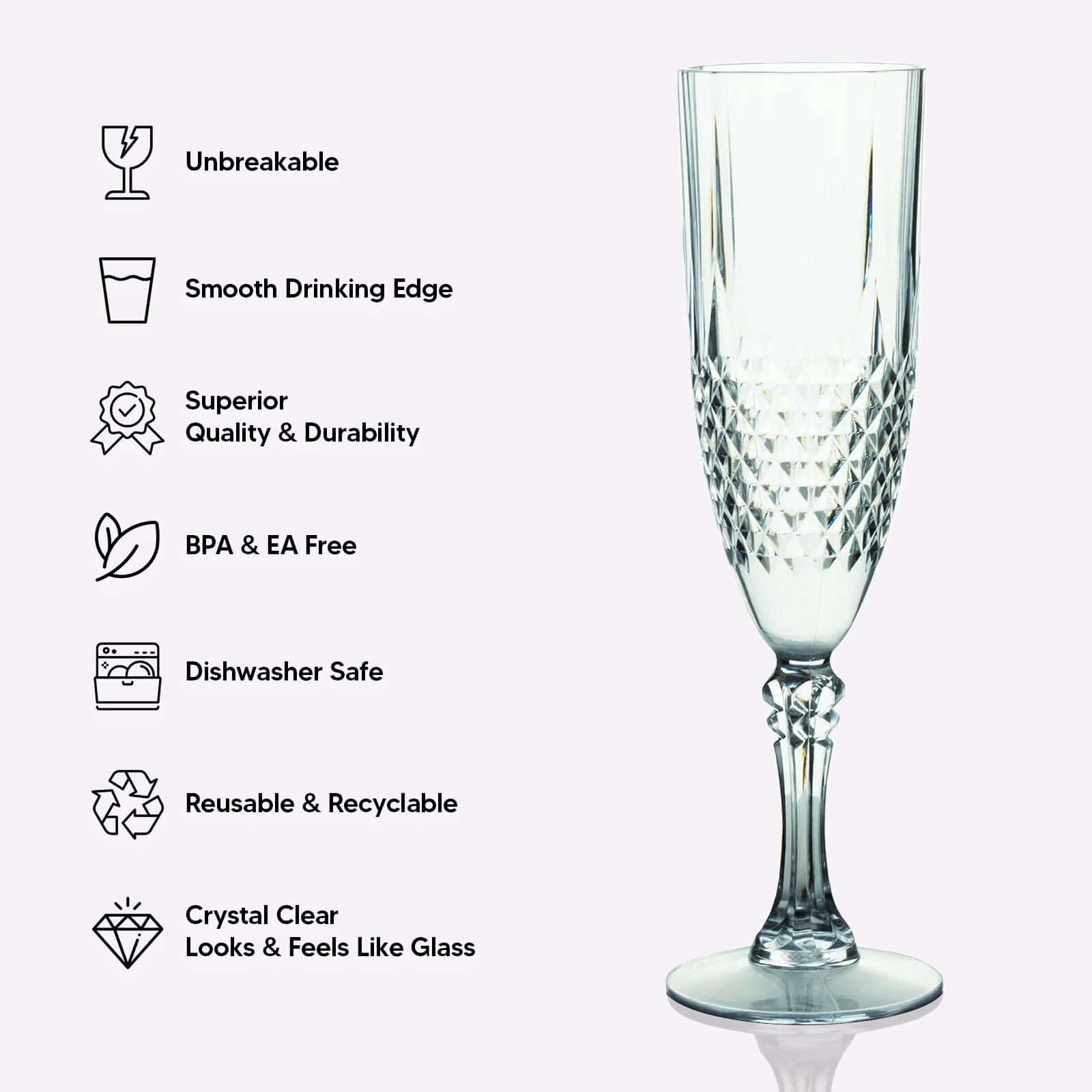 6-Piece Set of Reusable Navy Blue 8oz Plastic Champagne Toast Flutes with Crystal Cut Design