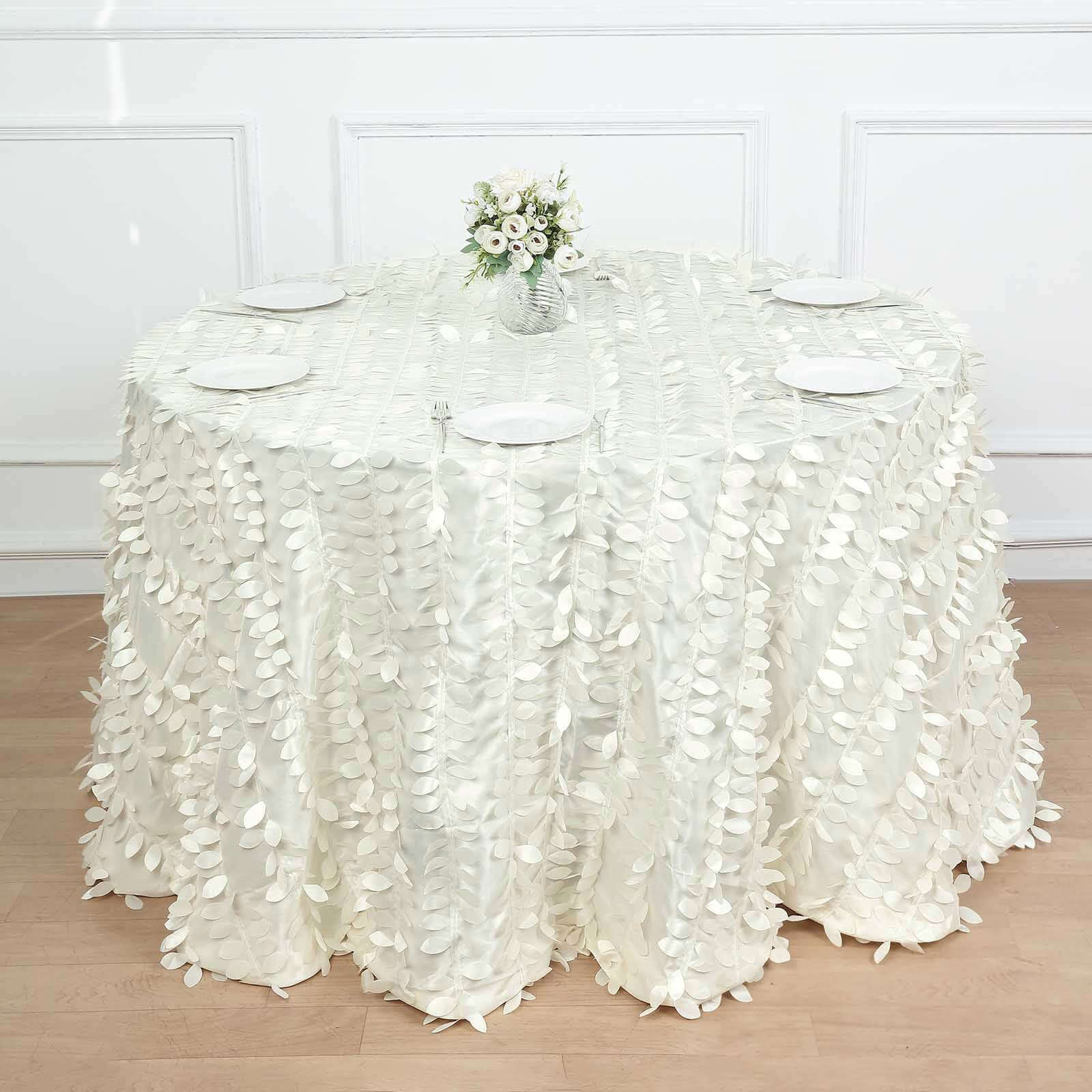 Hot Sale! Ivory Taffeta 120-Inch Round Tablecloth with 3D Leaf Petal Design