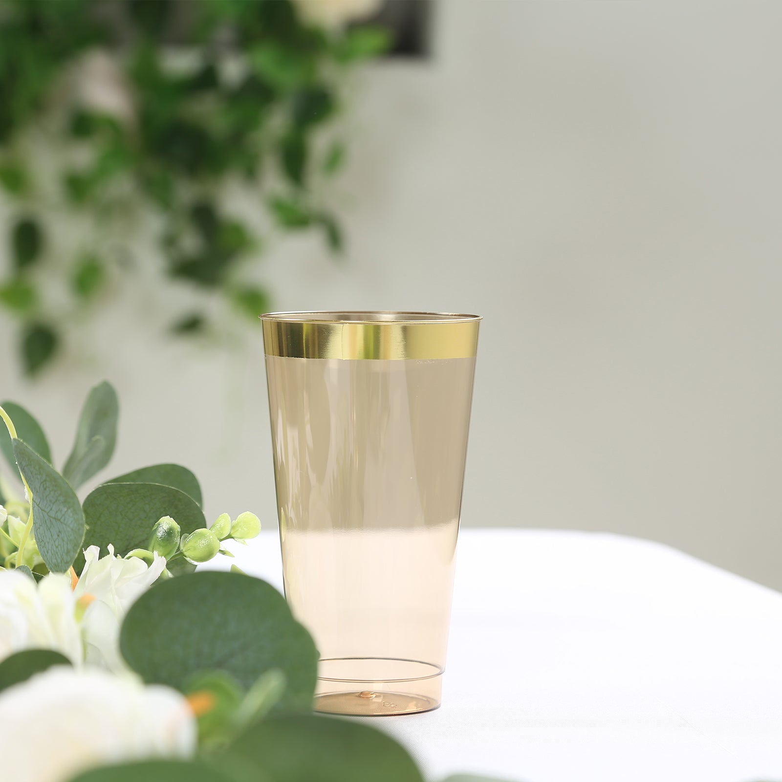 12-Pack 17oz Durable Disposable Plastic Party Cups - Transparent Amber Gold with Gold Rim