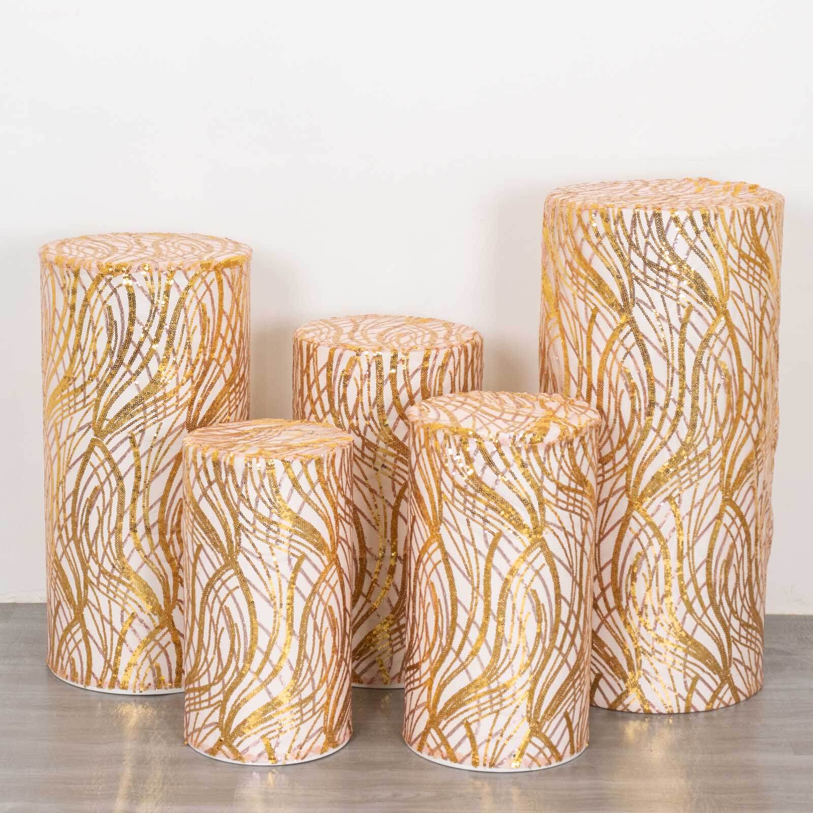 Set of 5 Rose Gold and Gold Sparkly Wave Sequin Mesh Cylinder Pedestal Stand Covers