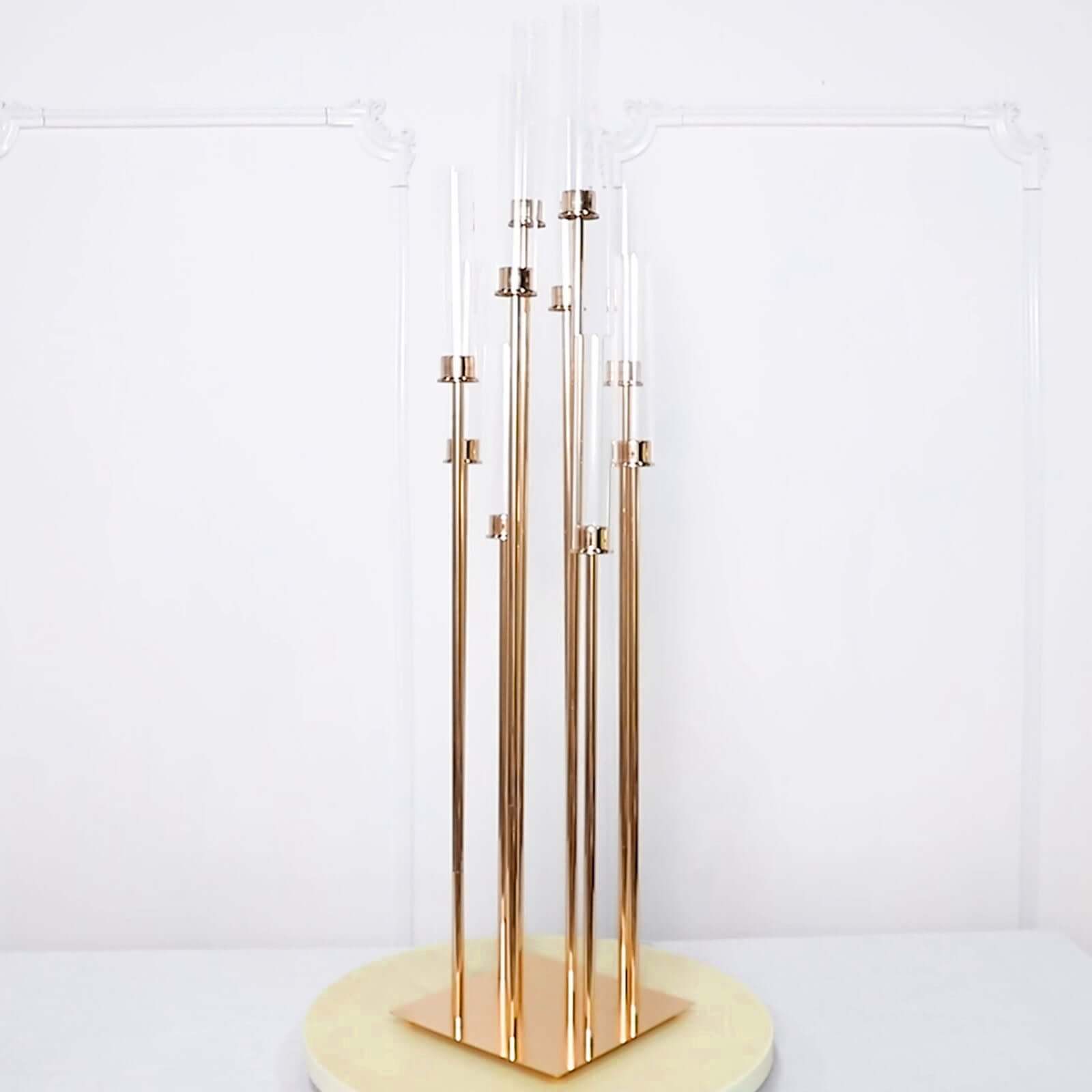 Stylish 10-Arm Gold Cluster Taper Candle Holder with Clear Glass Shades for Gatherings