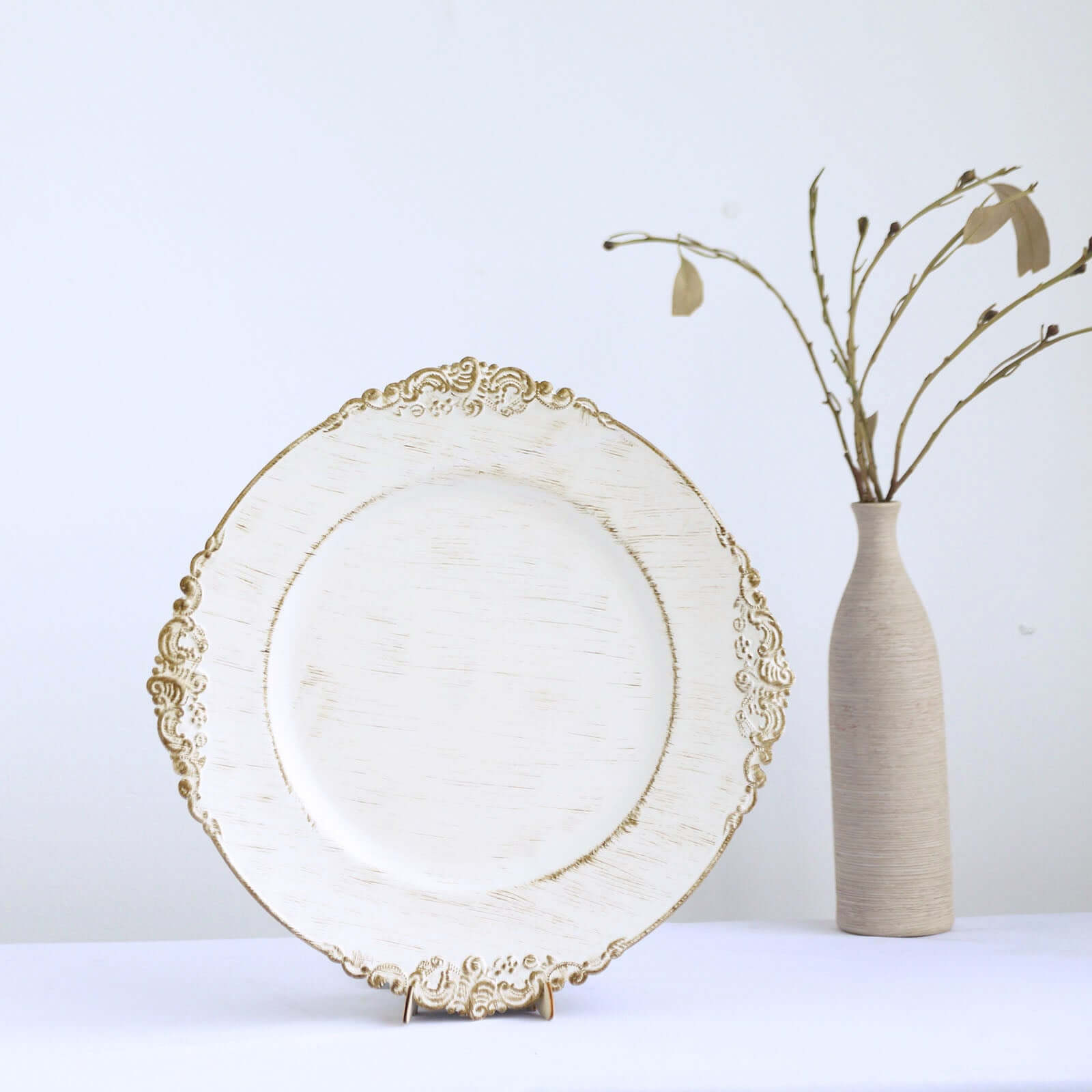 6-Piece Set of 13-Inch White Washed Acrylic Round Charger Plates with Gold Embossed Baroque Rim for Dinner Parties