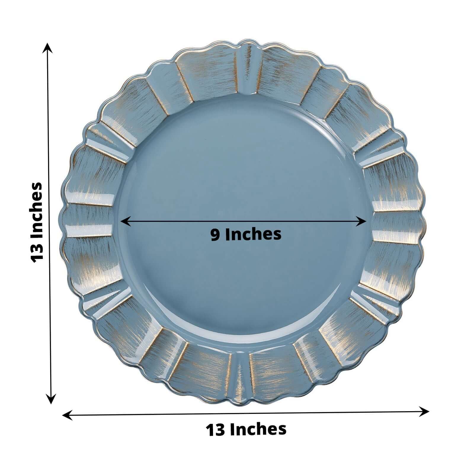 6-Piece Set of 13-Inch Dusty Blue Acrylic Plastic Round Charger Plates with Gold-Brushed Scalloped Rim for Dinner Parties