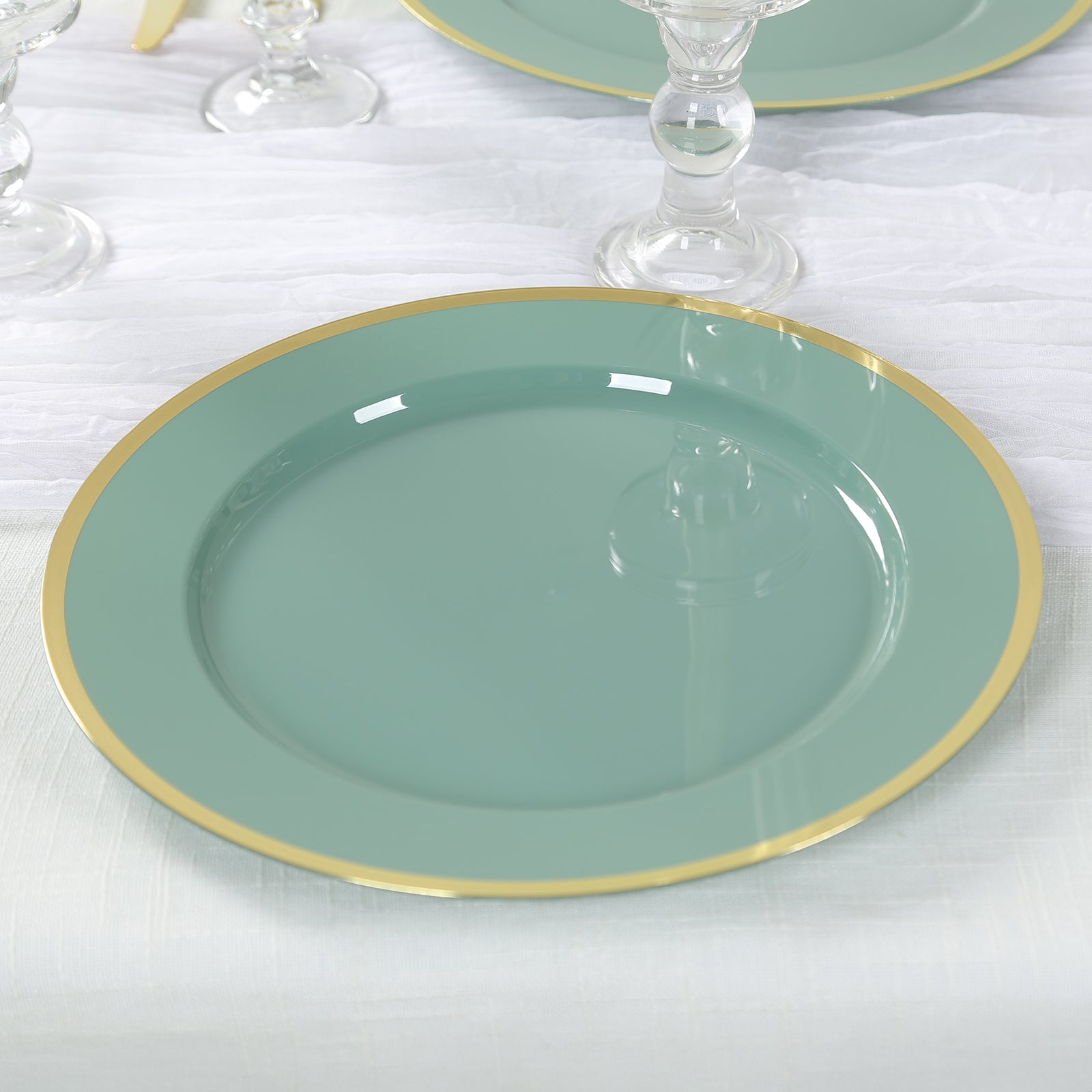 Economy 10-Pack 12-Inch Round Dusty Sage Green Plastic Charger Plates with Wide Gold Rim for Party Serving