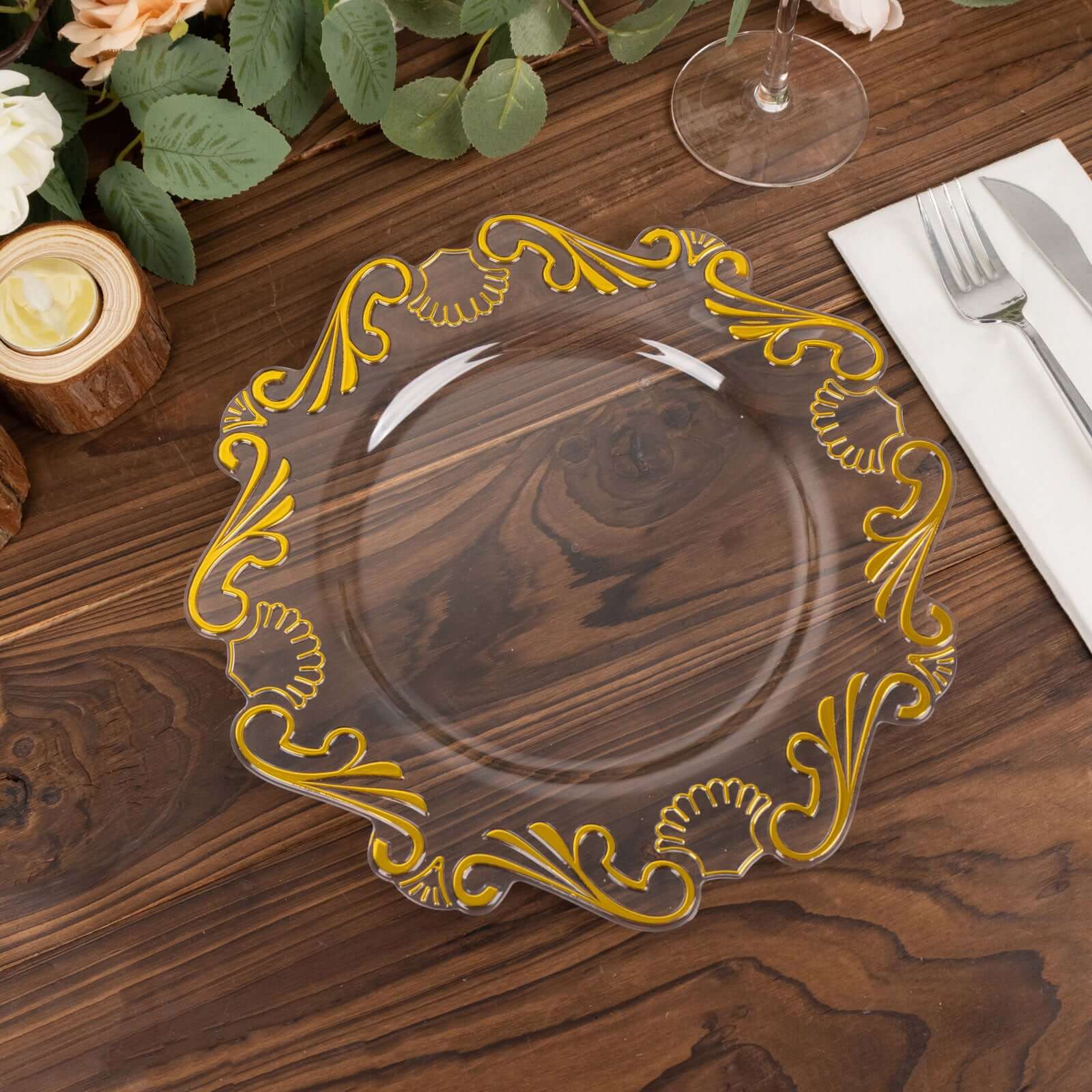 10-Pack Clear Plastic Round Dinner Plates with Gold Vintage Baroque Scalloped Rim - Ideal for Parties