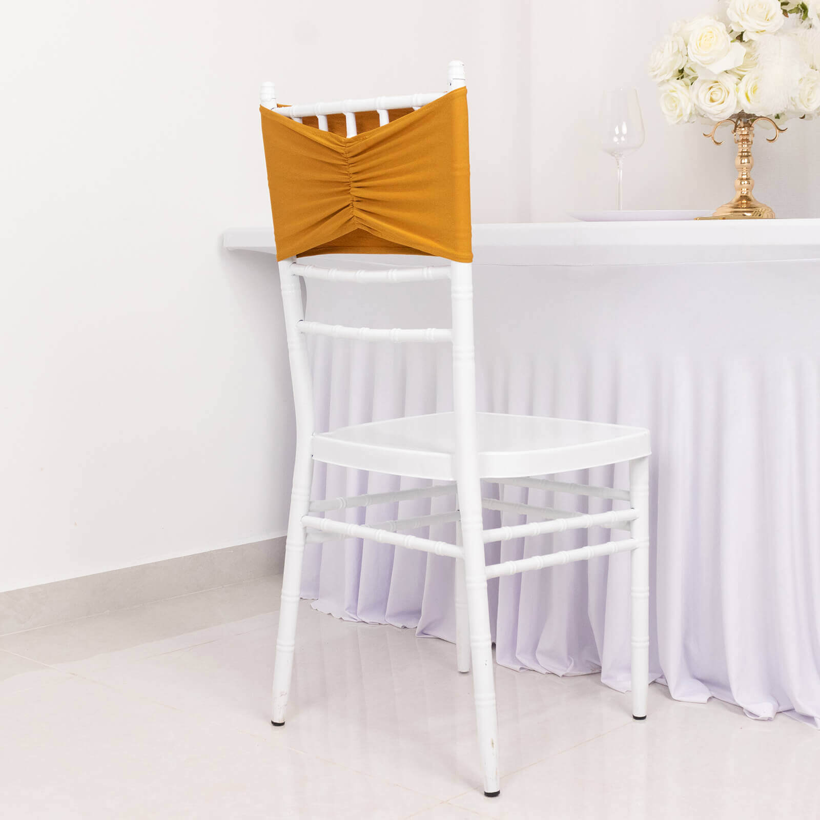 Special Offer! 5-Pack Gold Ruffled Spandex Chair Sashes - Wide Stretch Bands for Elegant Wedding and Event Decor