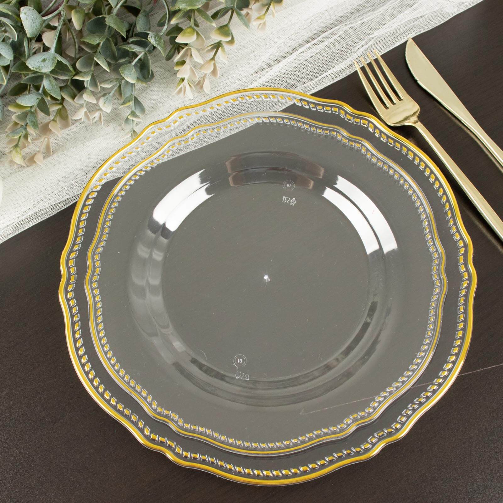 Hot Deal! 10-Pack Disposable Plastic Dinner Plates in Clear with Gold Scalloped Rim, 9 Inches