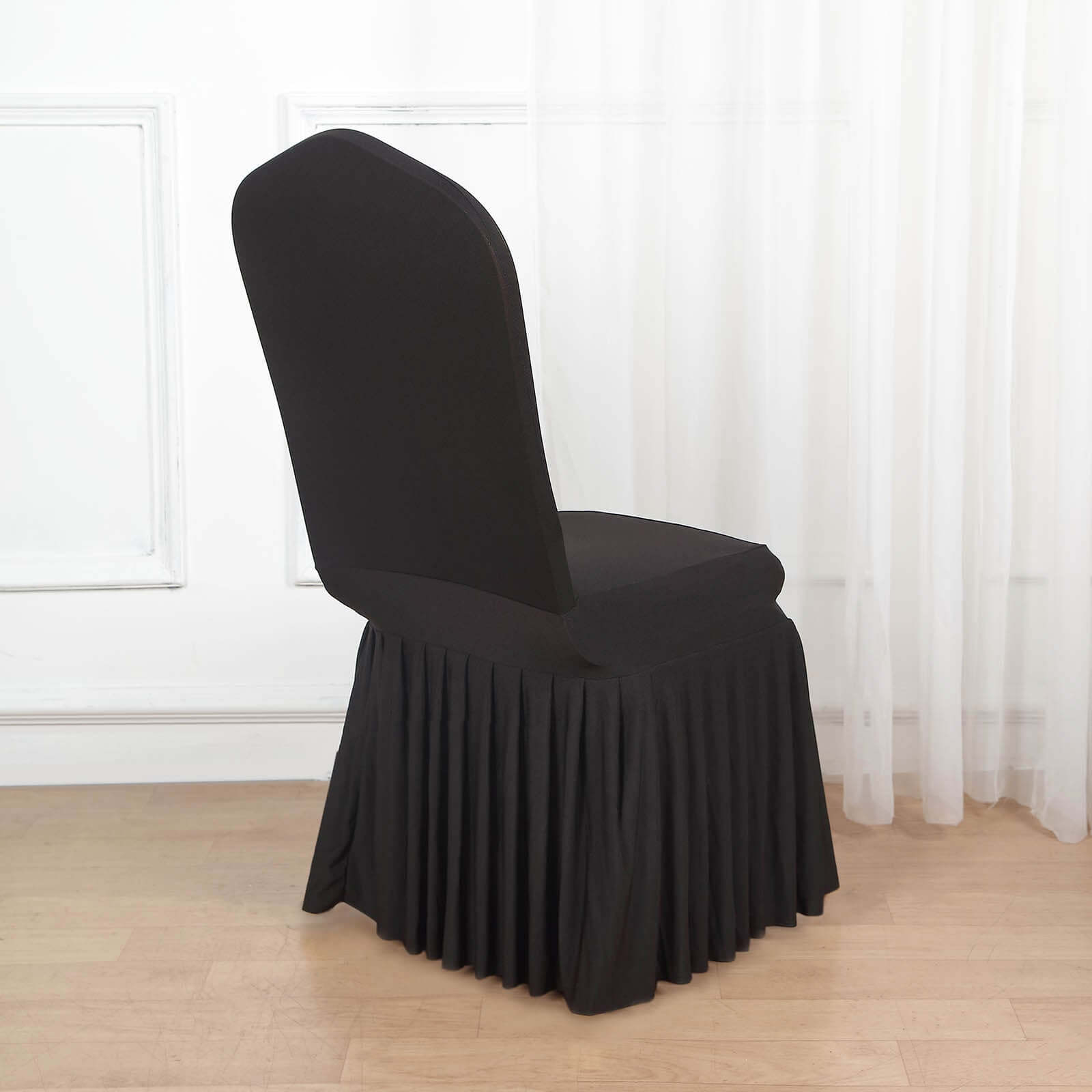 Black Spandex Stretch Fitted Slipcover with Ruffle Pleated Skirt for Banquet Chairs - 1 Piece