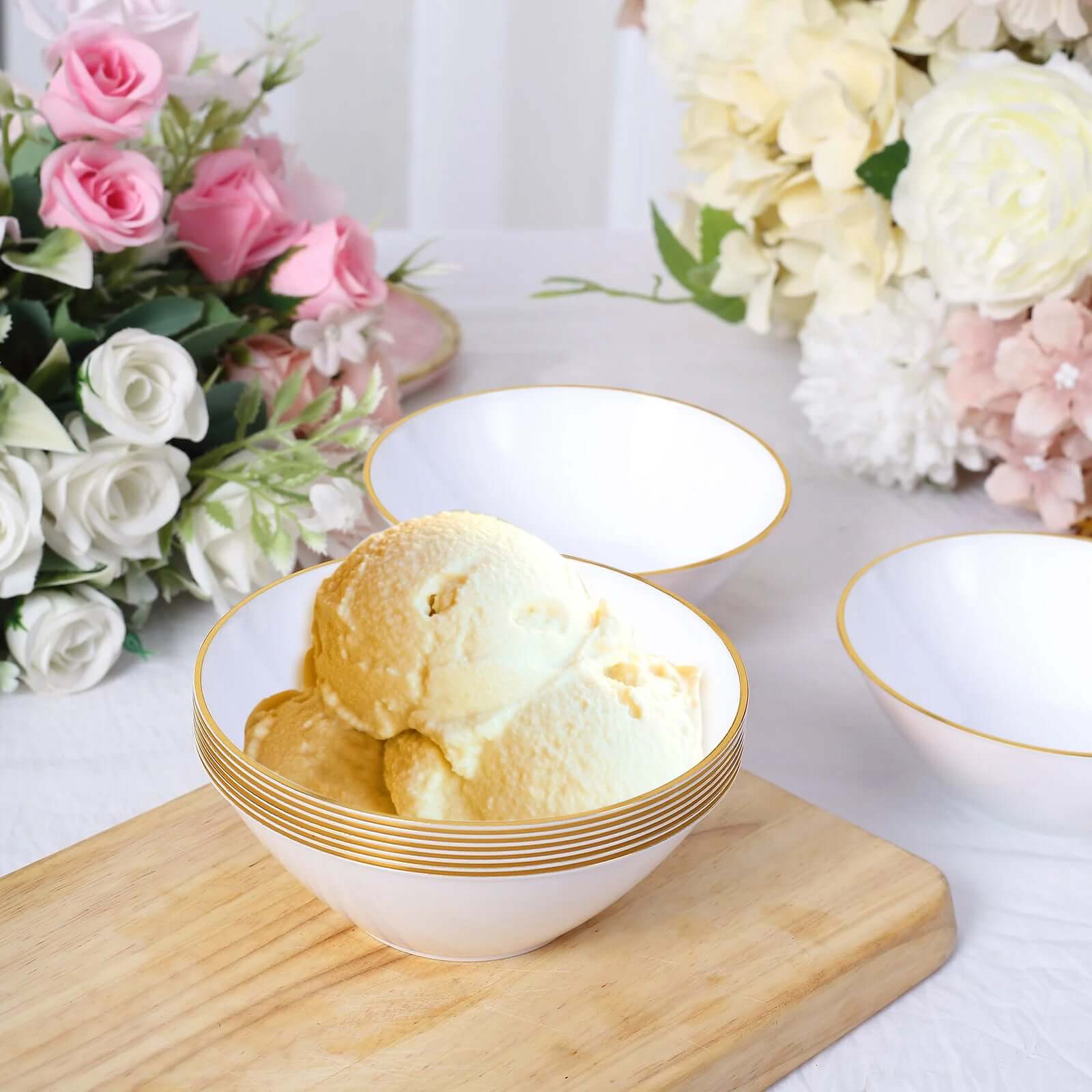 24-Pack 7oz Premium Heavy Duty Plastic Ice Cream Bowls - Glossy White with Gold Rim, Ideal for Events