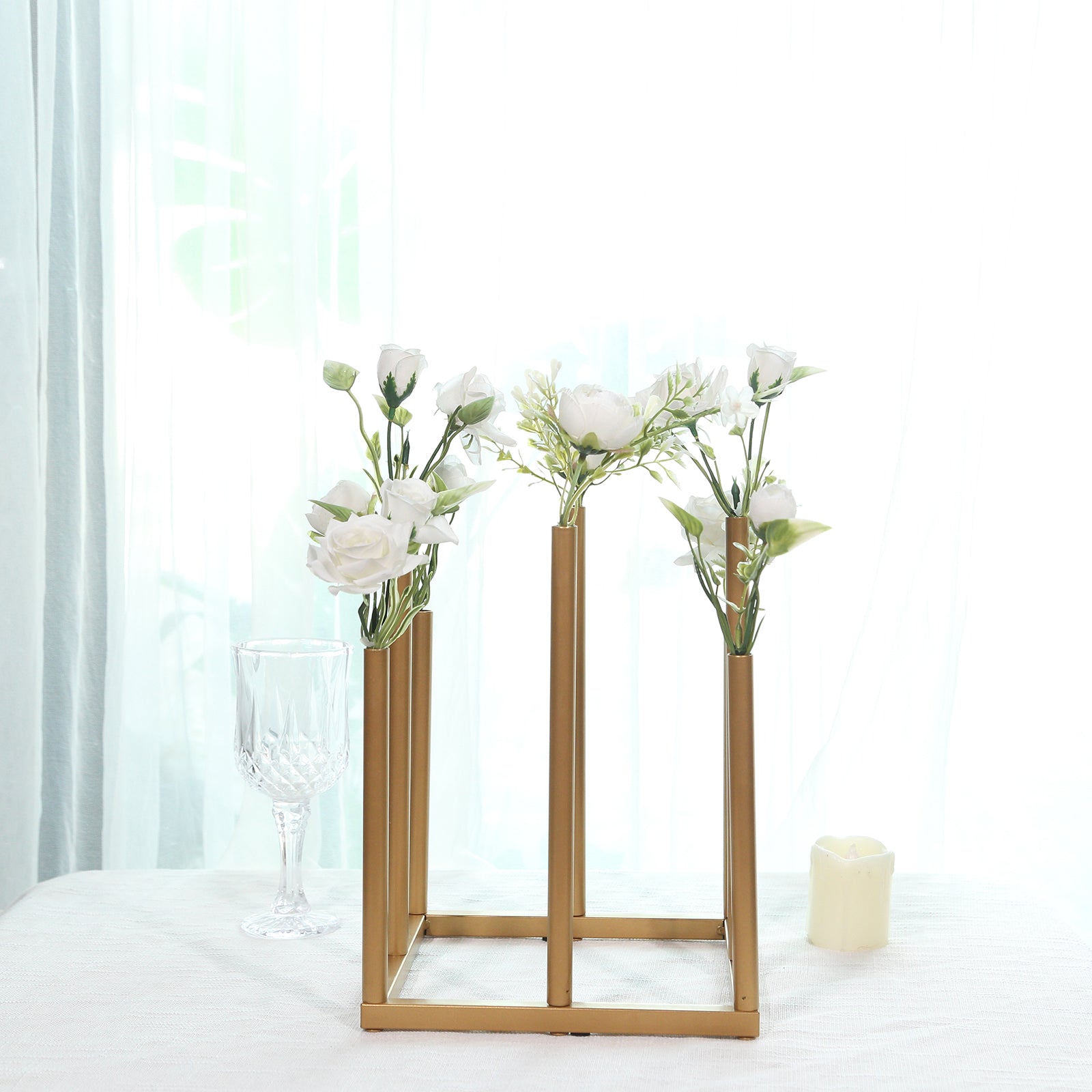 Single Stem Gold Metal Minimalist 8-Tube Flower Vase with Square Base, 10-Inch Tall