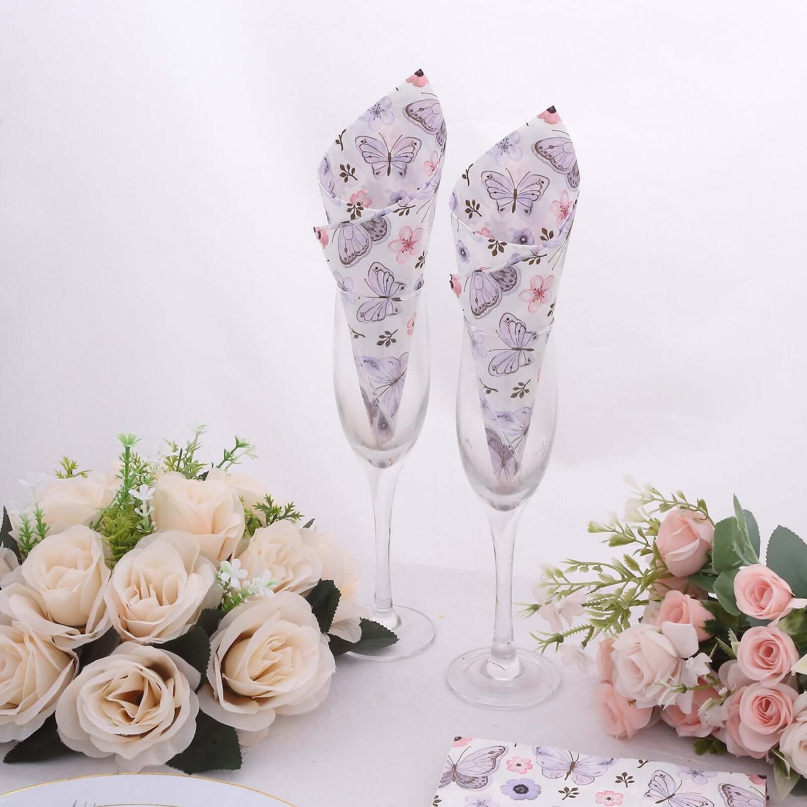 20-Pack 2-Ply Soft 18GSM Ivory Paper Beverage Napkins with Lavender Butterfly Floral Design for Garden Weddings
