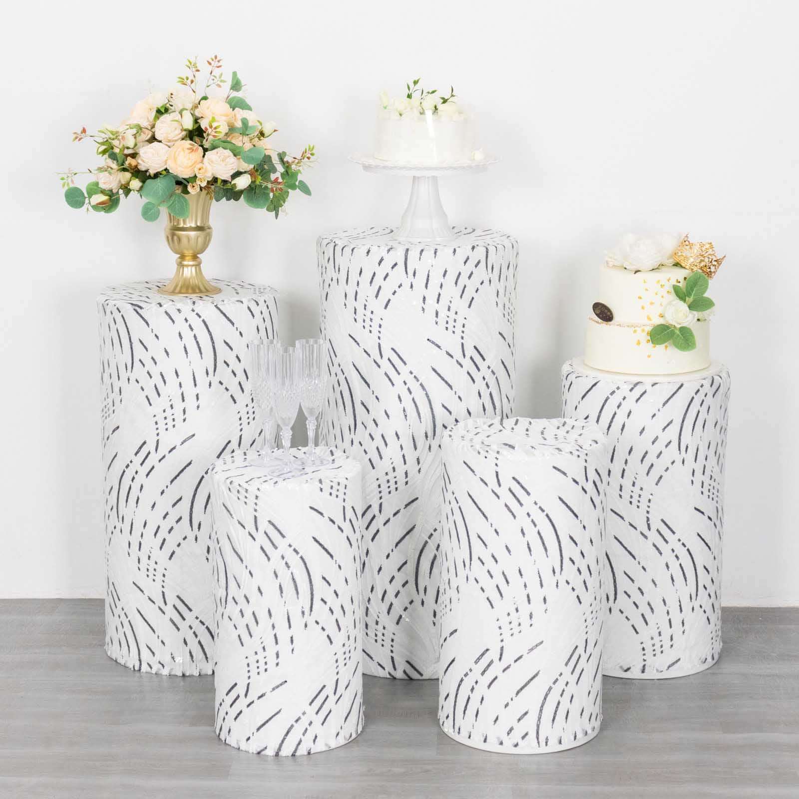 Hot Sale! Set of 5 Embroidered Sequin White Wave Mesh Cylinder Pedestal Stand Covers