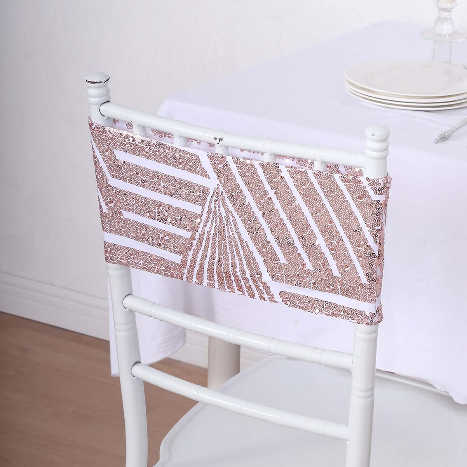 5-Piece Set of Stretchable Sequin Spandex Chair Sashes in White with Rose Gold Geometric Diamond Design