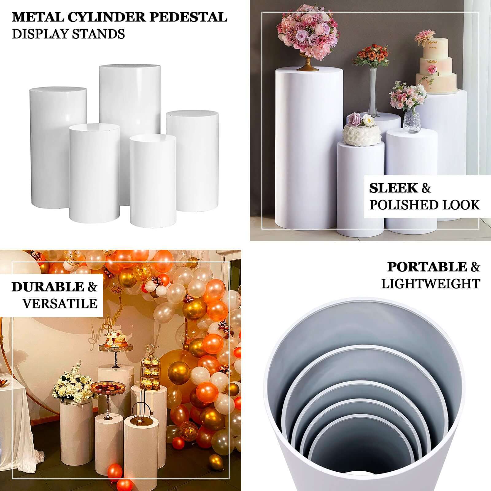 Special Offer! Set of 5 White Metal Round Cylinder Pillar Prop Stands for Wedding Aisle Display