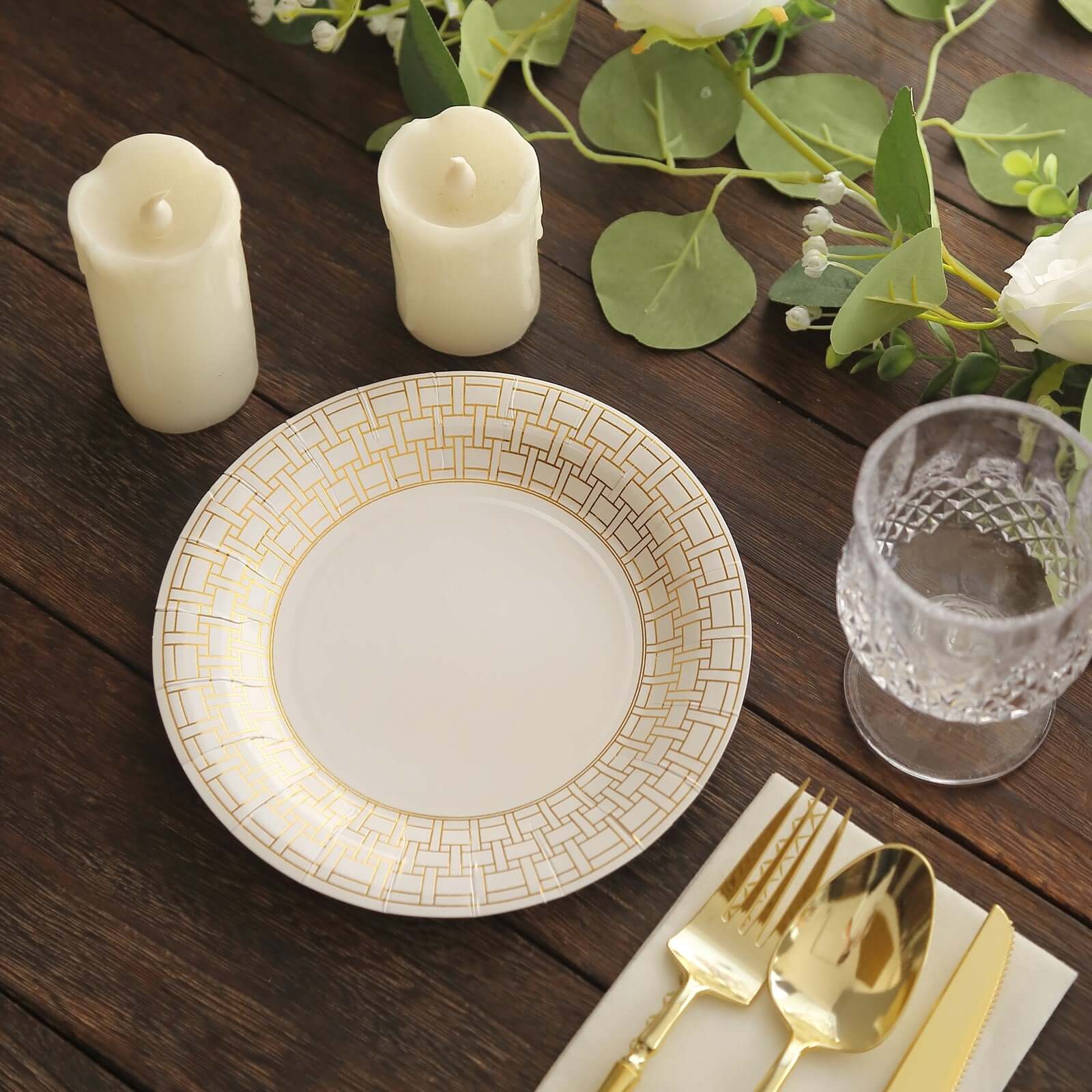 25-Piece Set of 7-Inch White Paper Dessert Plates with Elegant Gold Basketweave Rim