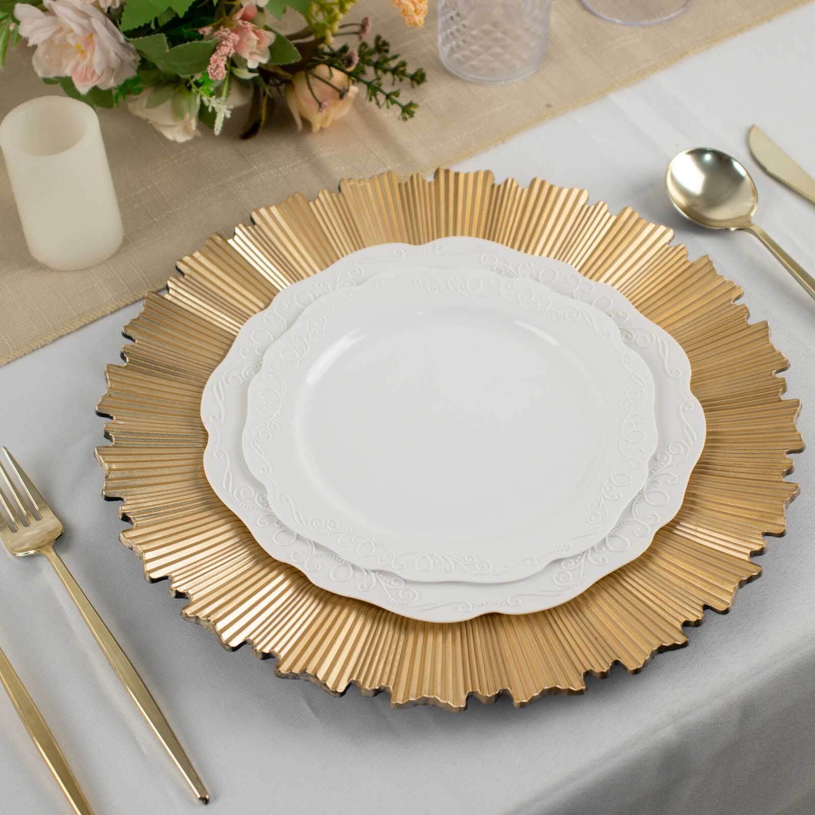 Set of 6 Metallic Gold 13-inch Acrylic Plastic Round Charger Plates with Sunray Scalloped Rim
