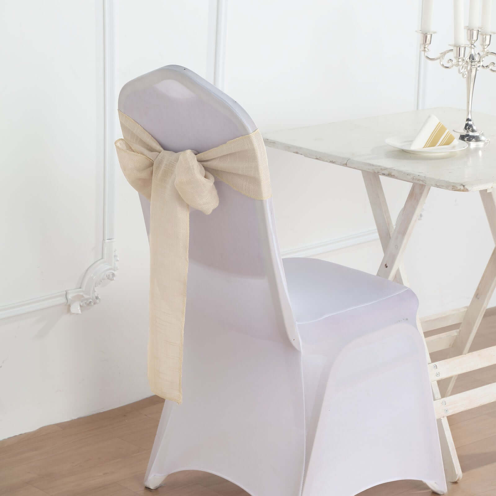 5-Pack Durable Wrinkle-Resistant Beige Faux Linen Chair Sashes for Events
