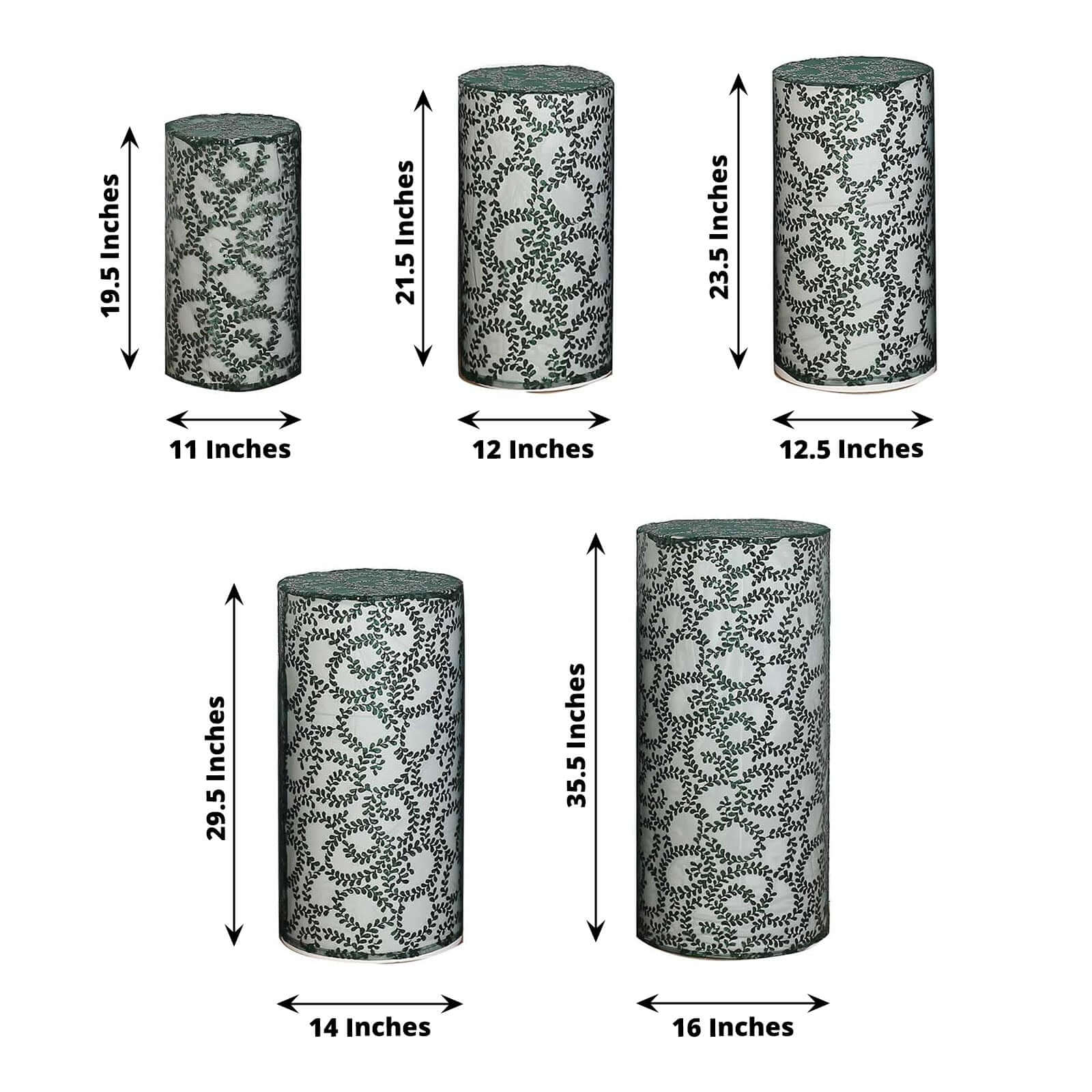 Hot Deal! Set of 5 Sparkly Hunter Emerald Green Sequin Mesh Cylinder Pedestal Stand Covers with Leaf Vine Embroidery