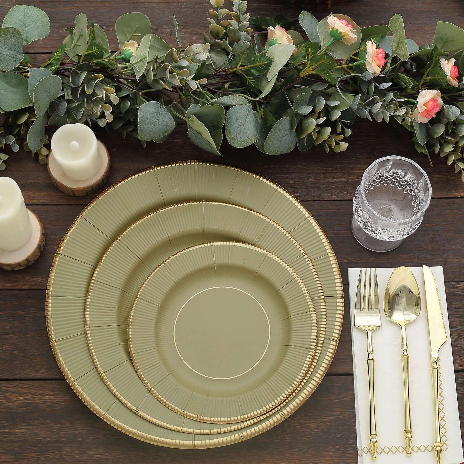 25-Pack Disposable 8-Inch Round Khaki Sunray Dessert Plates with Gold Rim - Heavy Duty 350GSM