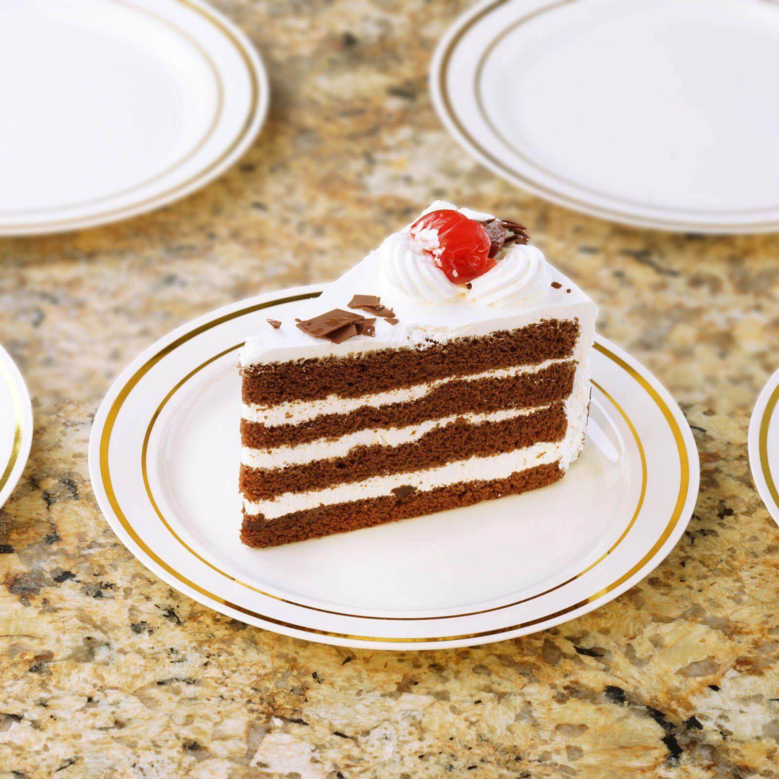 10-Piece Set of Disposable White Plastic Dessert Plates with Stylish Gold Rim, 6 Inches